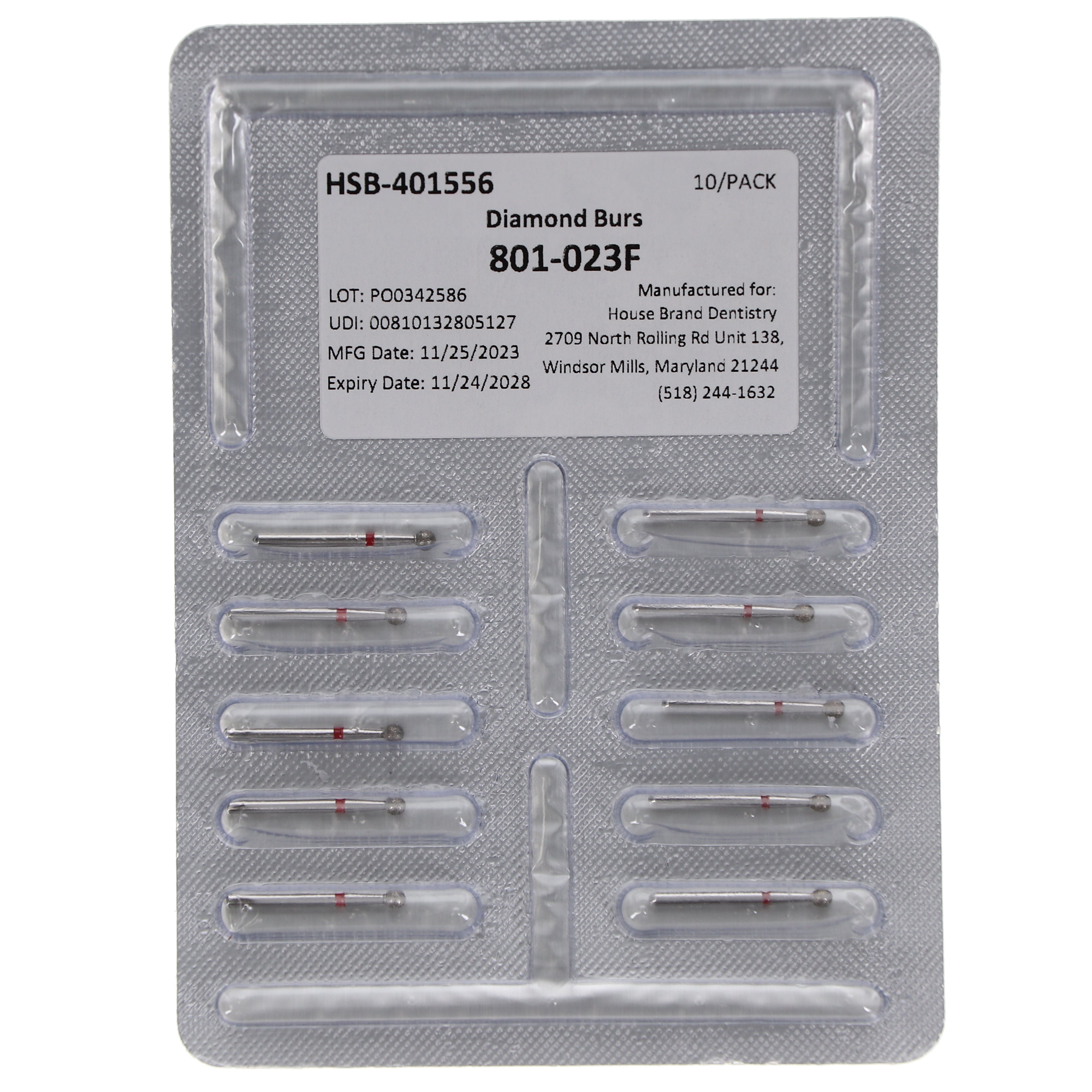 House Brand Dentistry 401556 HSB FG 801-023M Medium Grit Round Diamond Burs 10/Pk