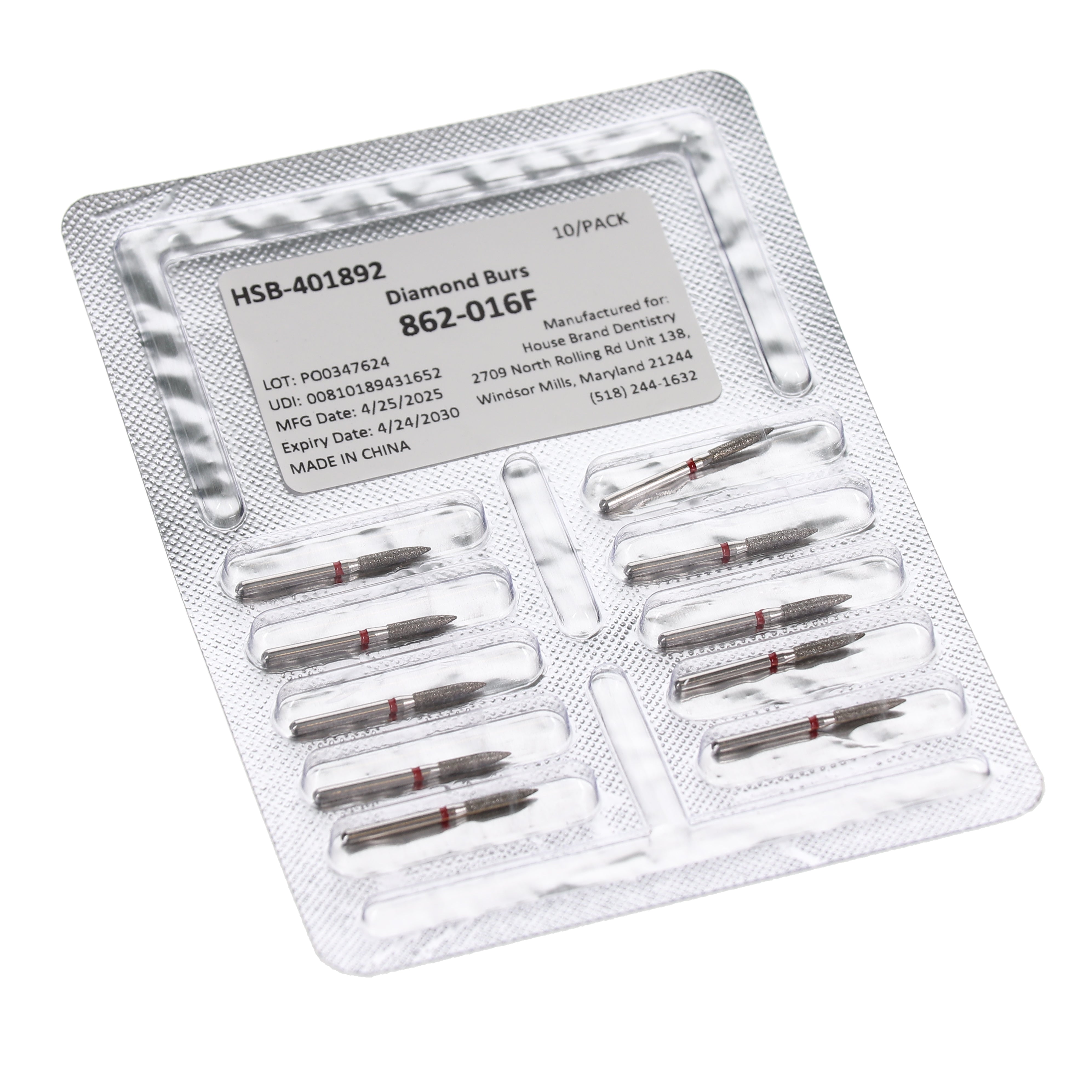 House Brand Dentistry 401892 HSB FG 862-016F Flame Fine Grit Diamond Burs 10/Pk