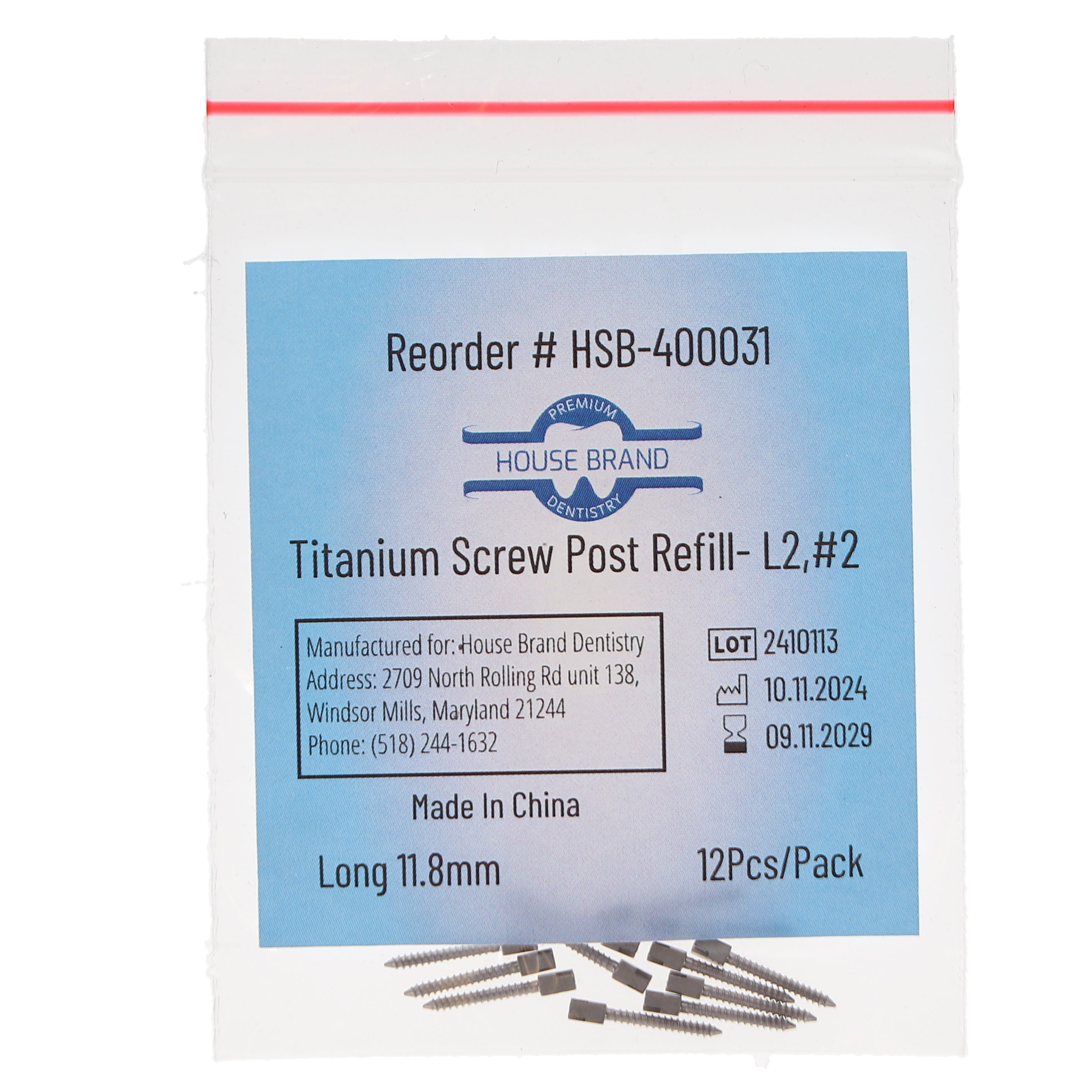 House Brand Dentistry 400031 HSB Titanium Screw Posts L2 #2 Long 11.8mm 12/Pk
