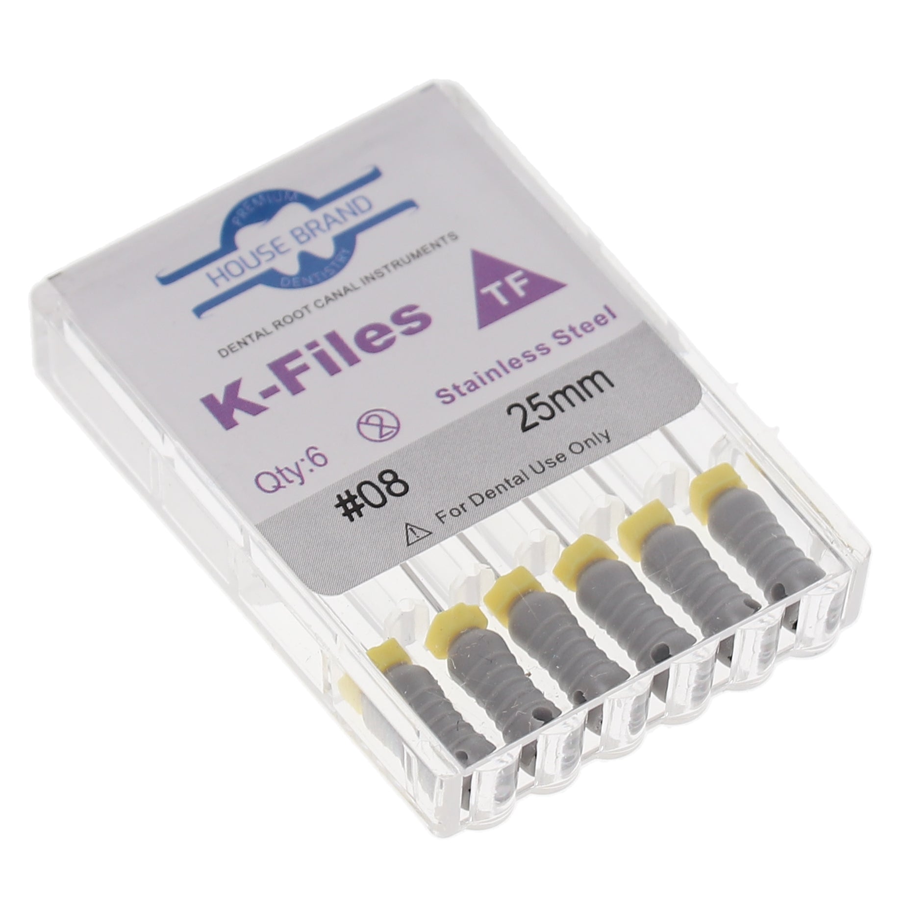 House Brand Dentistry 400213 HSB K-Files Flex-Type 25mm #08 Grey Stainless Steel 6/Pk