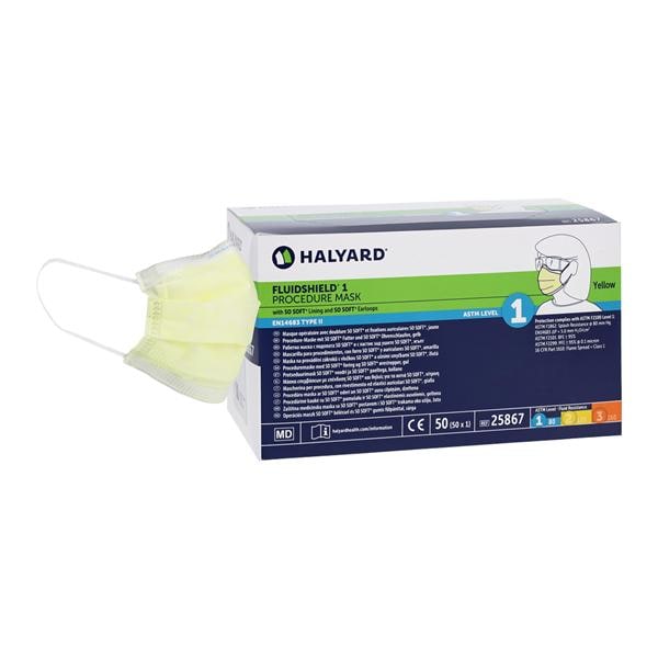 Halyard 25867 FluidShield Procedure Earloop Face Masks ASTM Level 1 Yellow 50/Bx