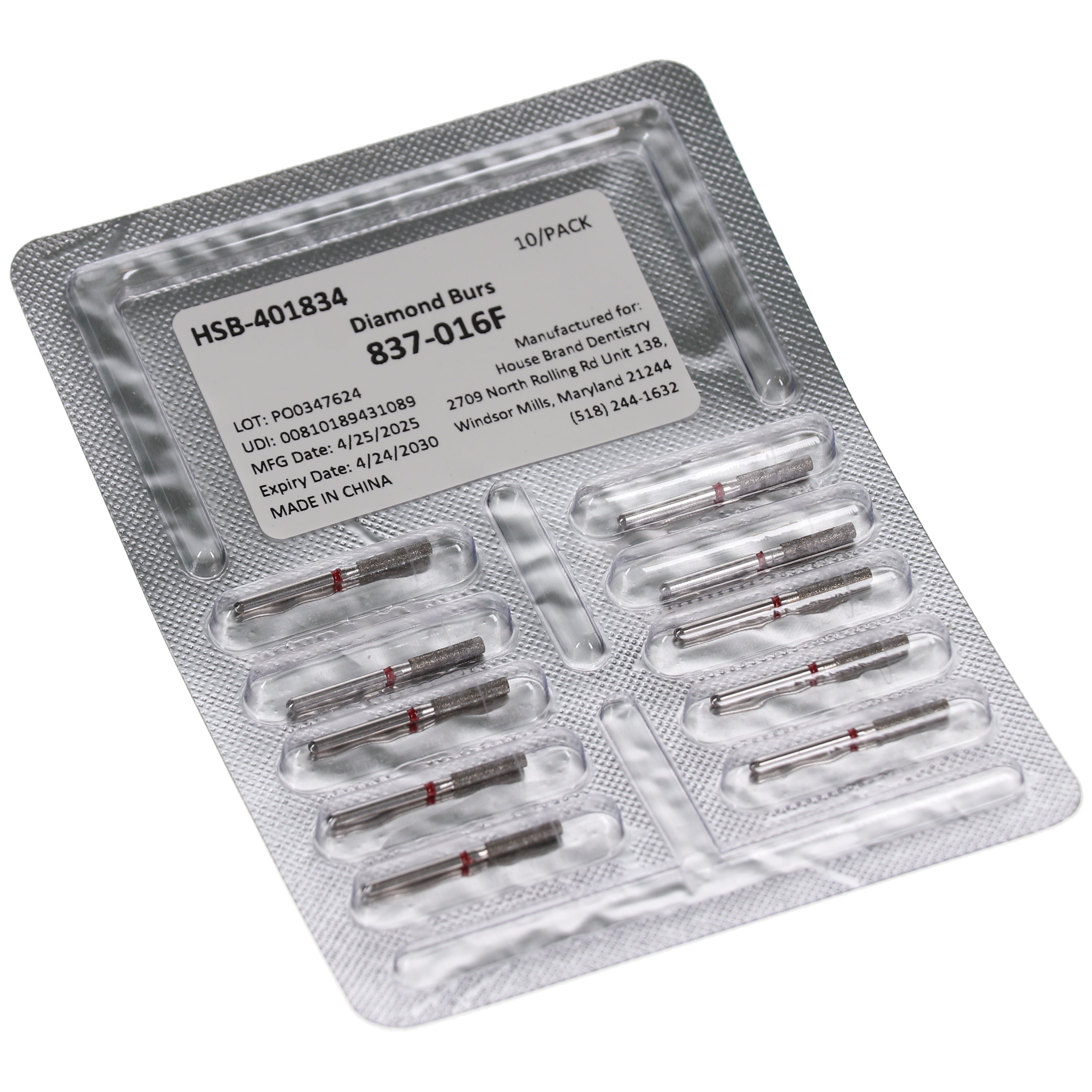 House Brand Dentistry 401834 HSB FG 837-016F Flat End Cylinder Fine Grit Diamond Burs 10/Pk