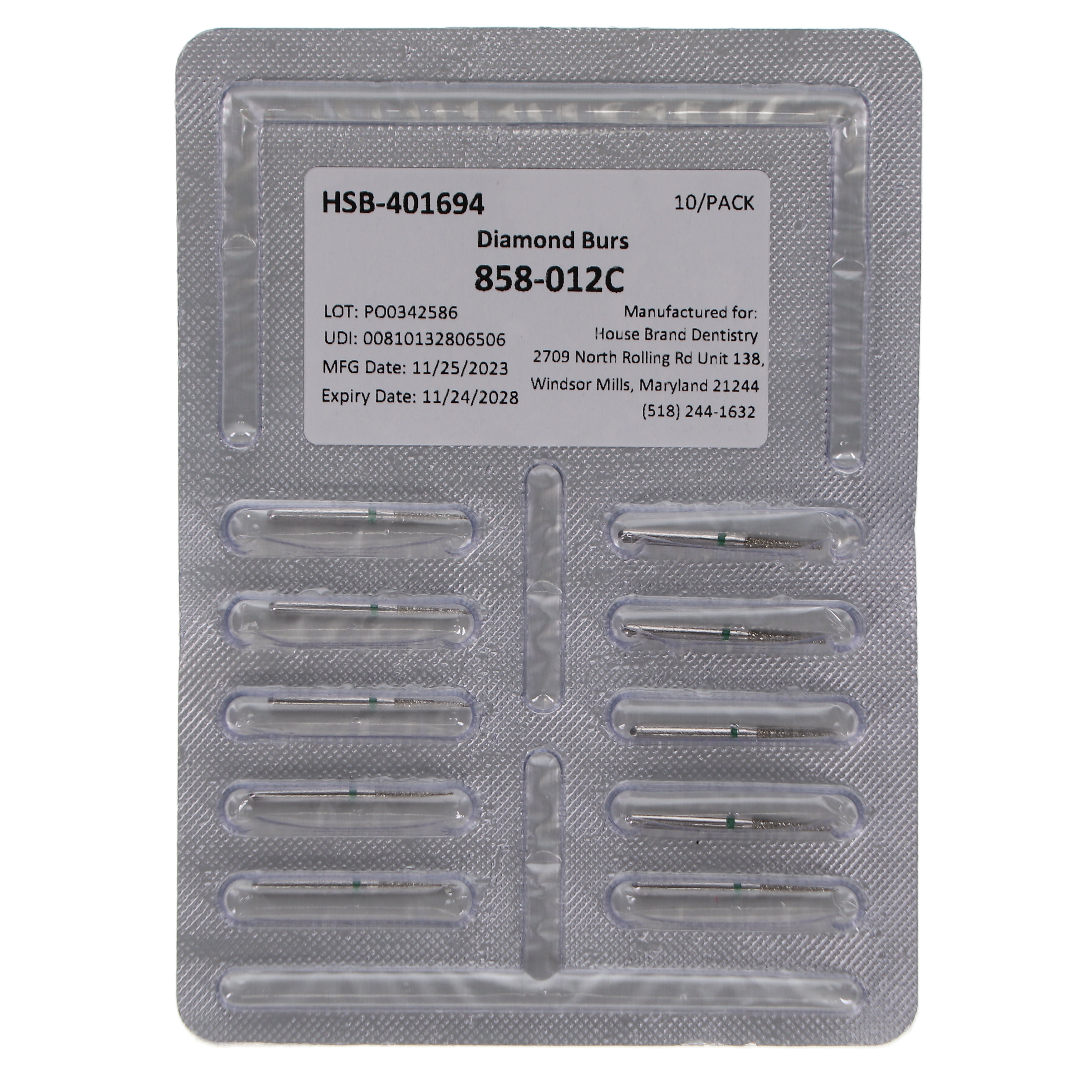 House Brand Dentistry 401694 HSB FG 858-012C Needle Coarse Grit Diamond Burs 10/Pk