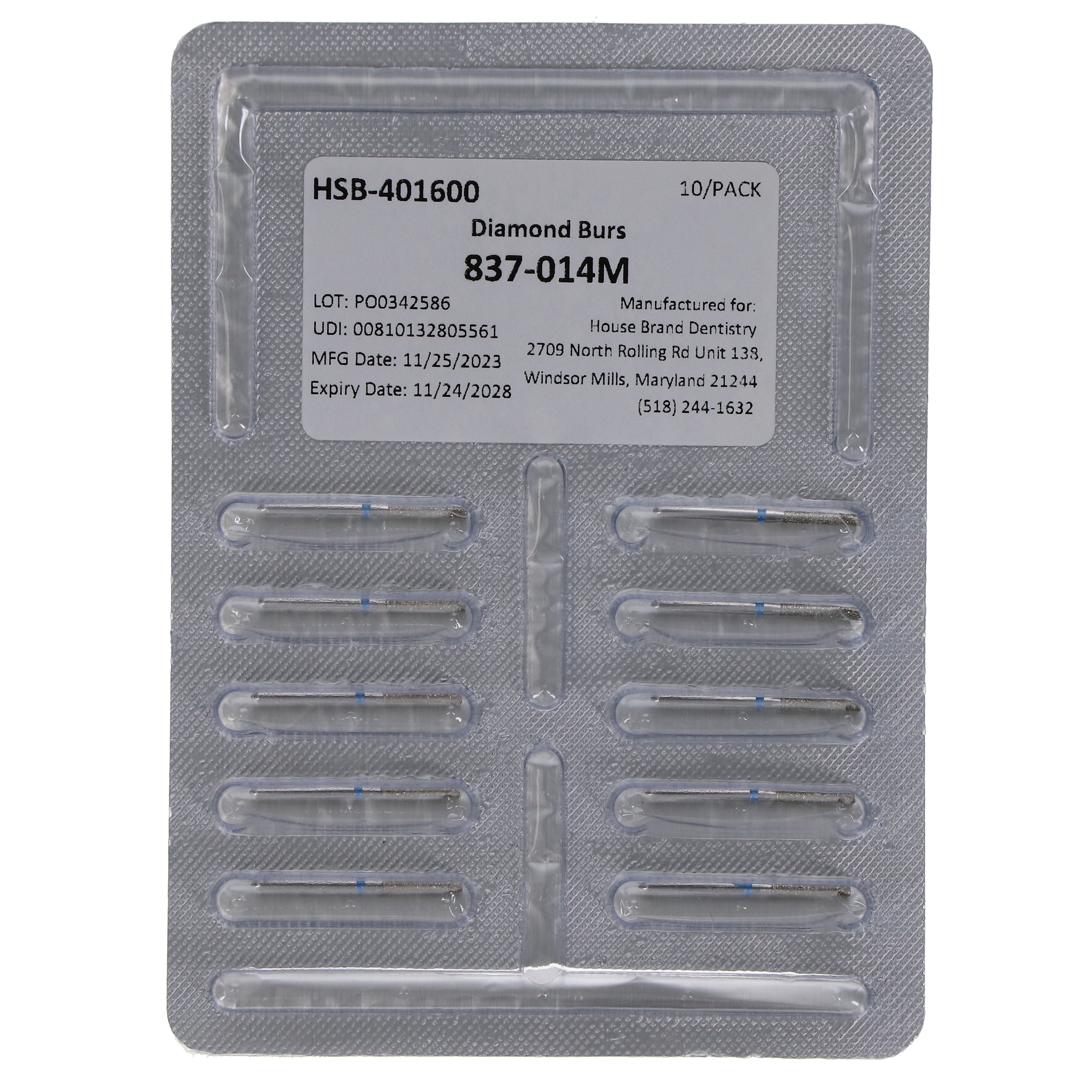 House Brand Dentistry 401600 FG 837-014M Flat End Cylinder Medium Grit Diamond Burs 10/Pk