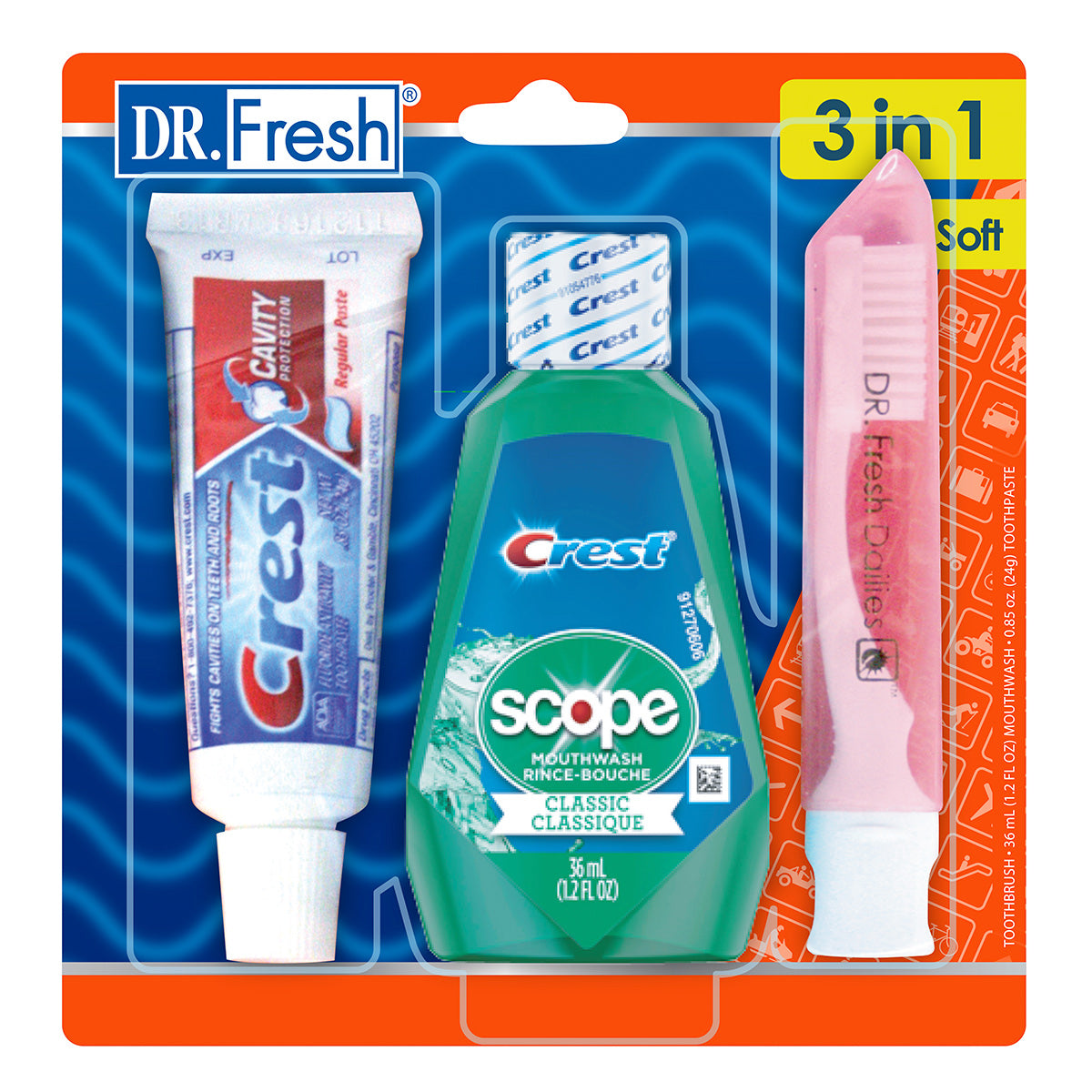 Dr. Fresh 510322 3-In-1 Oral Hygiene Care Dental Travel Kit Airport Friendly EXP Mar 2025