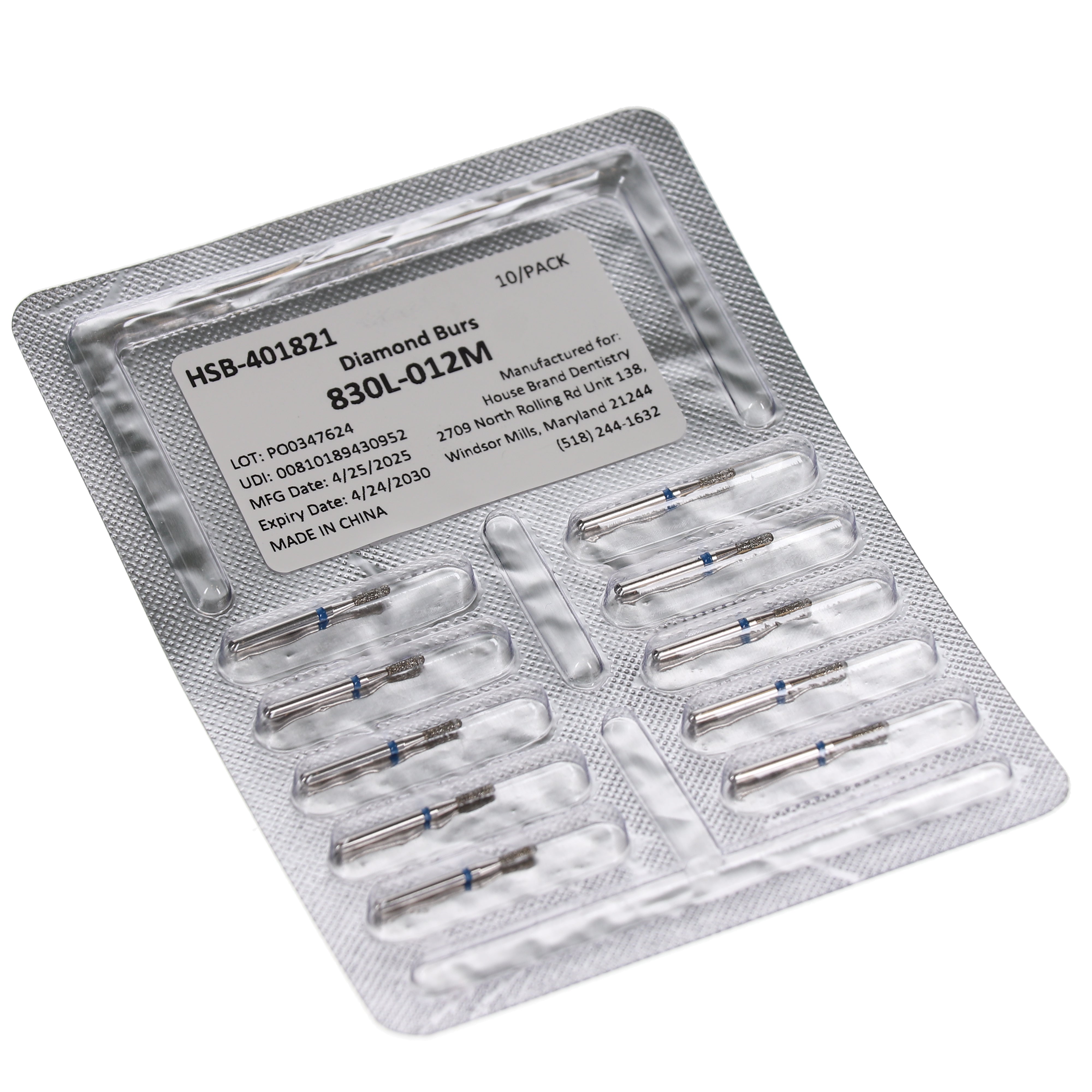 House Brand Dentistry 401821 HSB FG 830L-012M Long Pear Medium Grit Diamond Burs 10/Pk