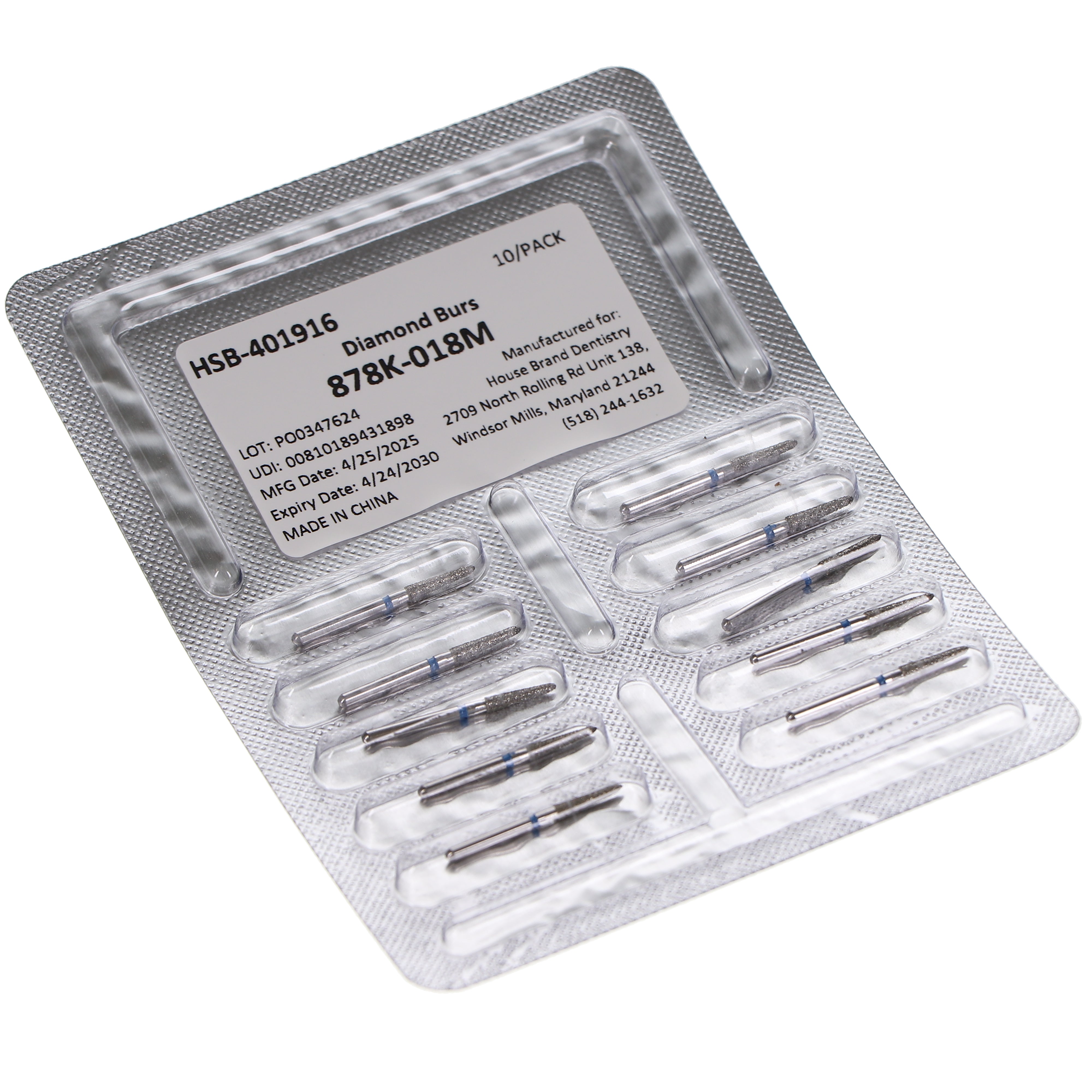 House Brand Dentistry 401916 HSB FG 878K-018M Curettage Medium Grit Diamond Burs 10/Pk