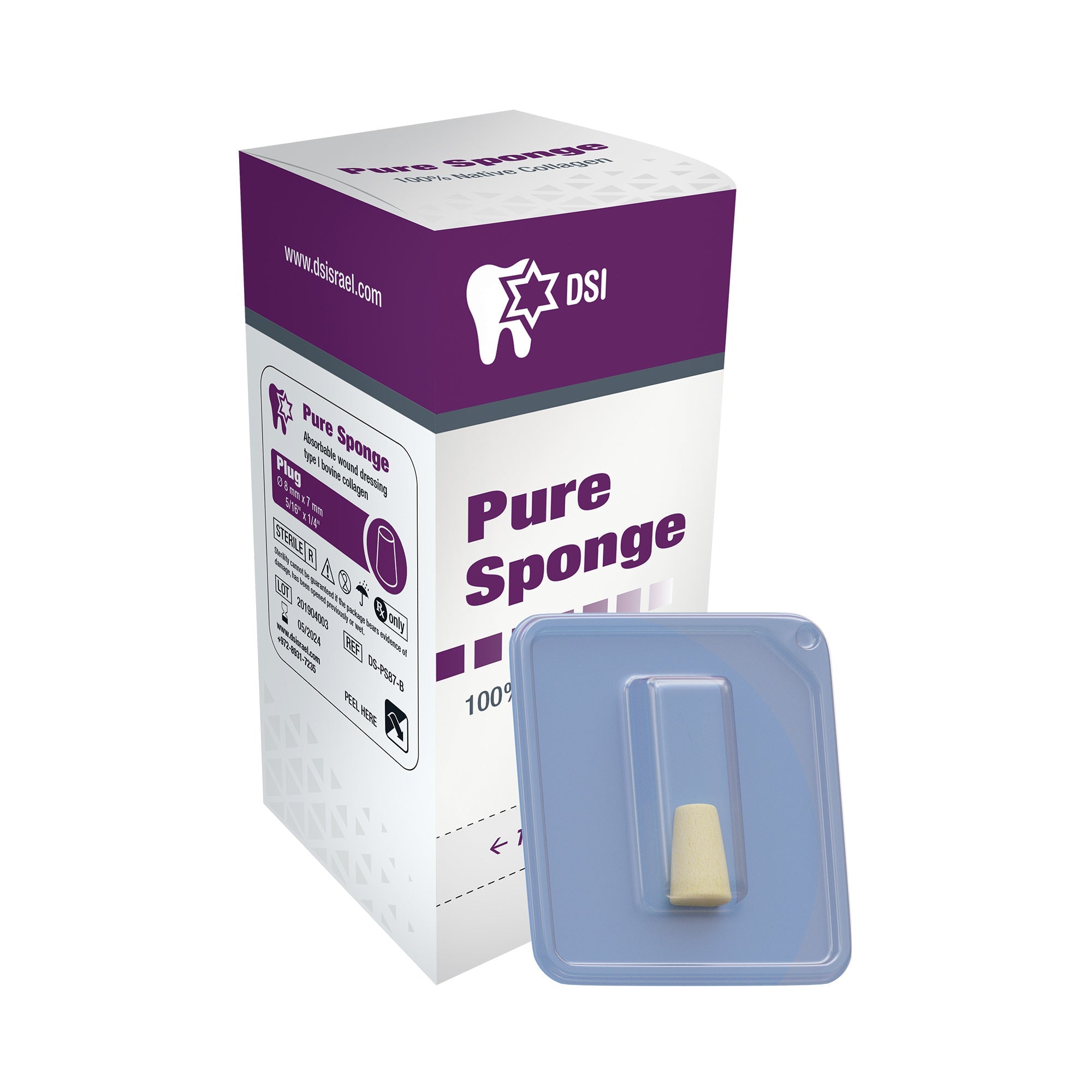 DSI DS-PS87-B Pure Sponge Collagen Plugs 8mm X 7mm Short Cylinder Shaped 10/Bx