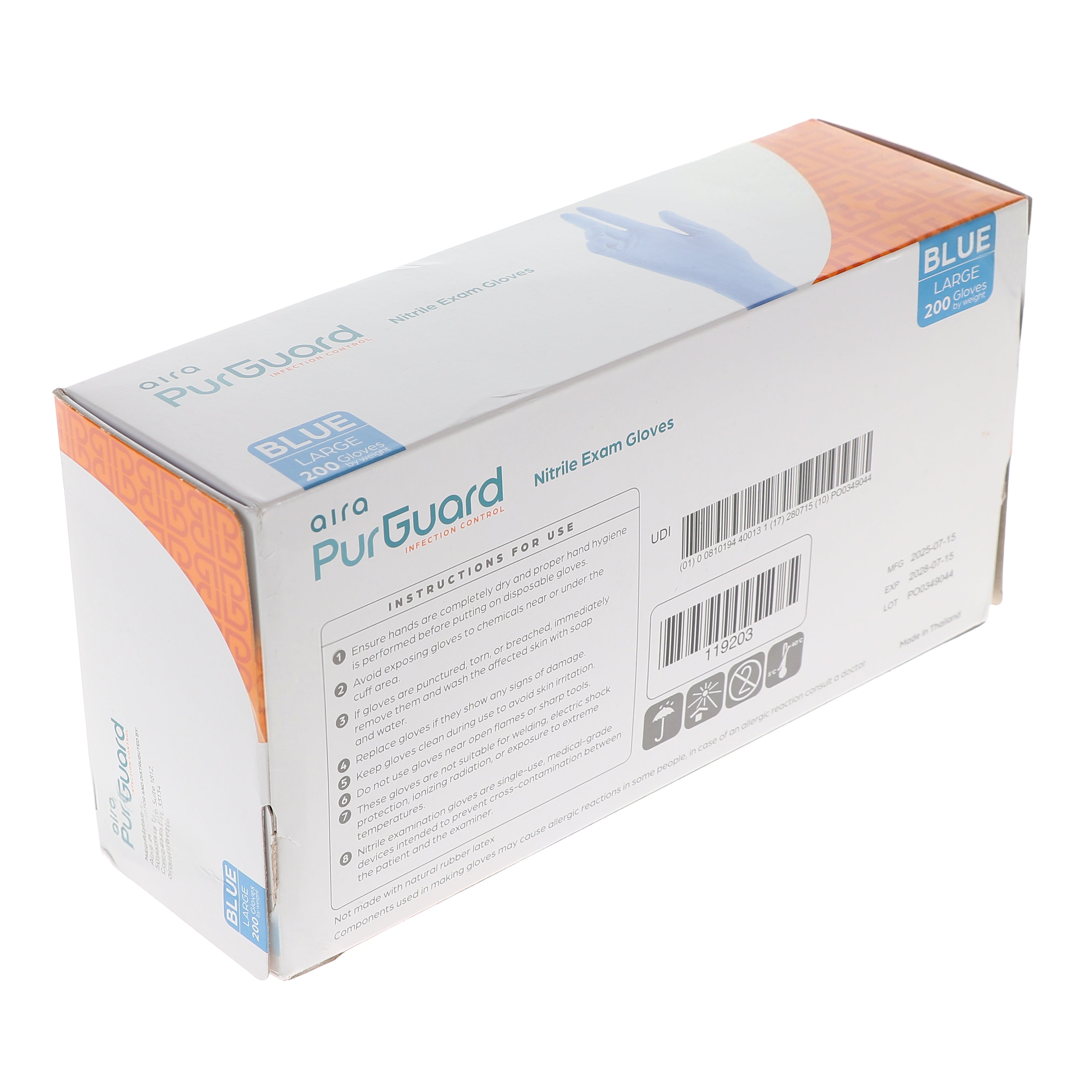 AIRA 119203 PurGuard Nitrile Exam Gloves Latex Free Powder Free Blue Large 200/Bx