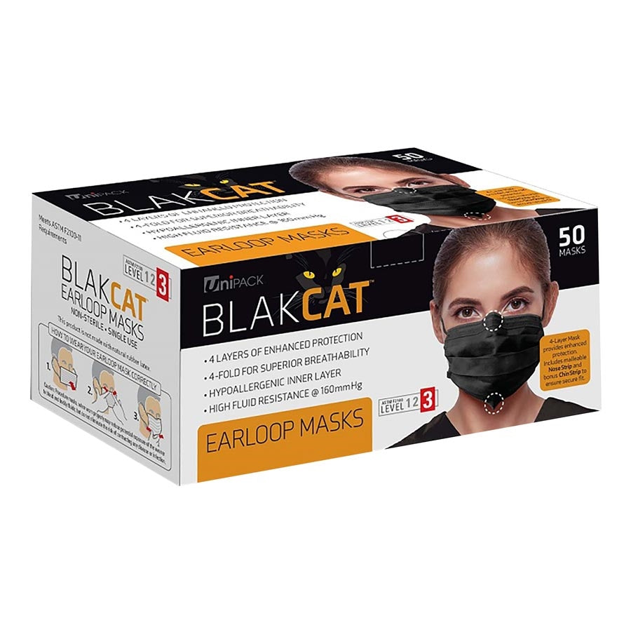 Dukal ULM-6380 BlakCat Earloop Face Masks 4-Layer 4-Fold ASTM Level 3 50/Bx