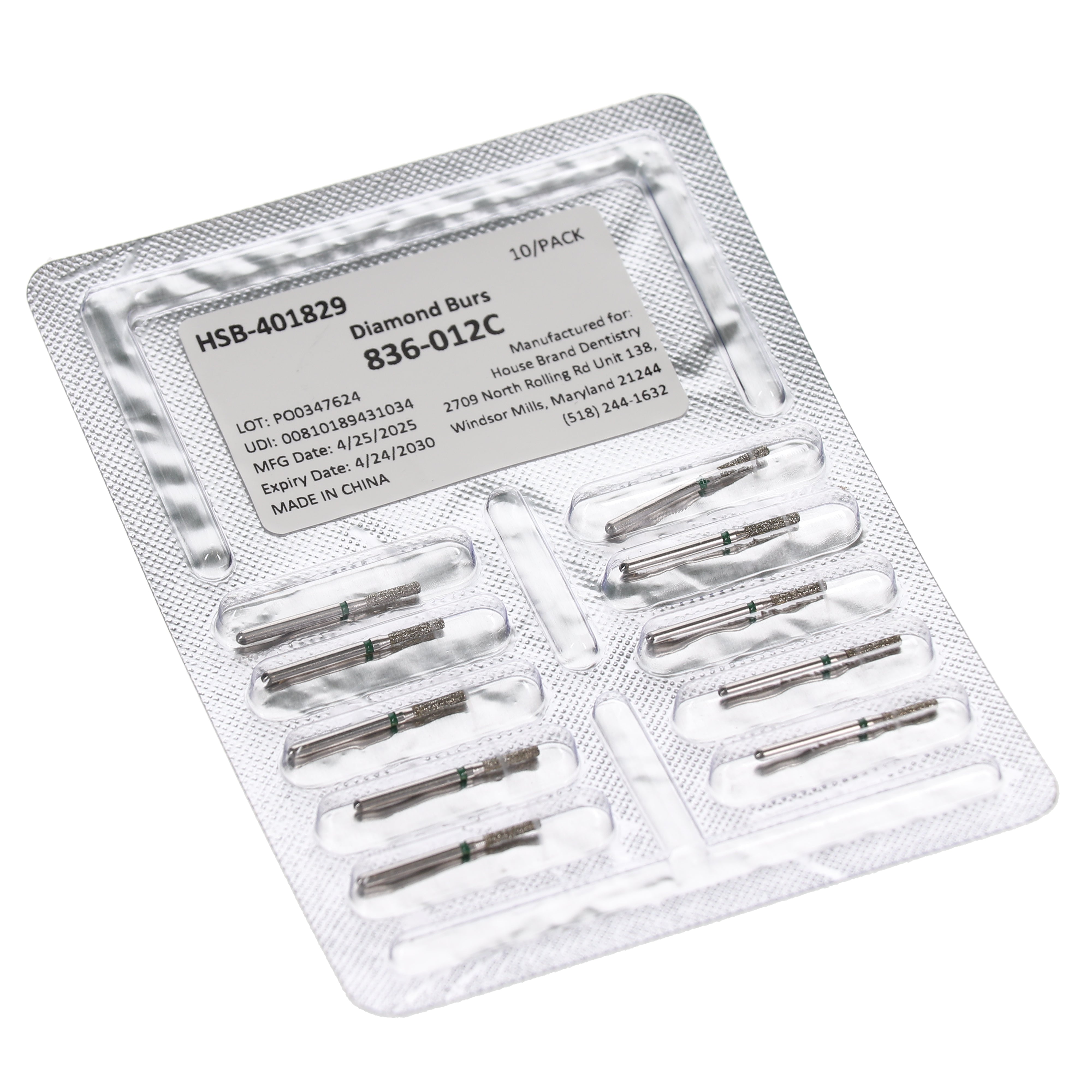 House Brand Dentistry 401829 HSB FG 836-012C Flat End Cylinder Coarse Grit Diamond Burs 10/Pk