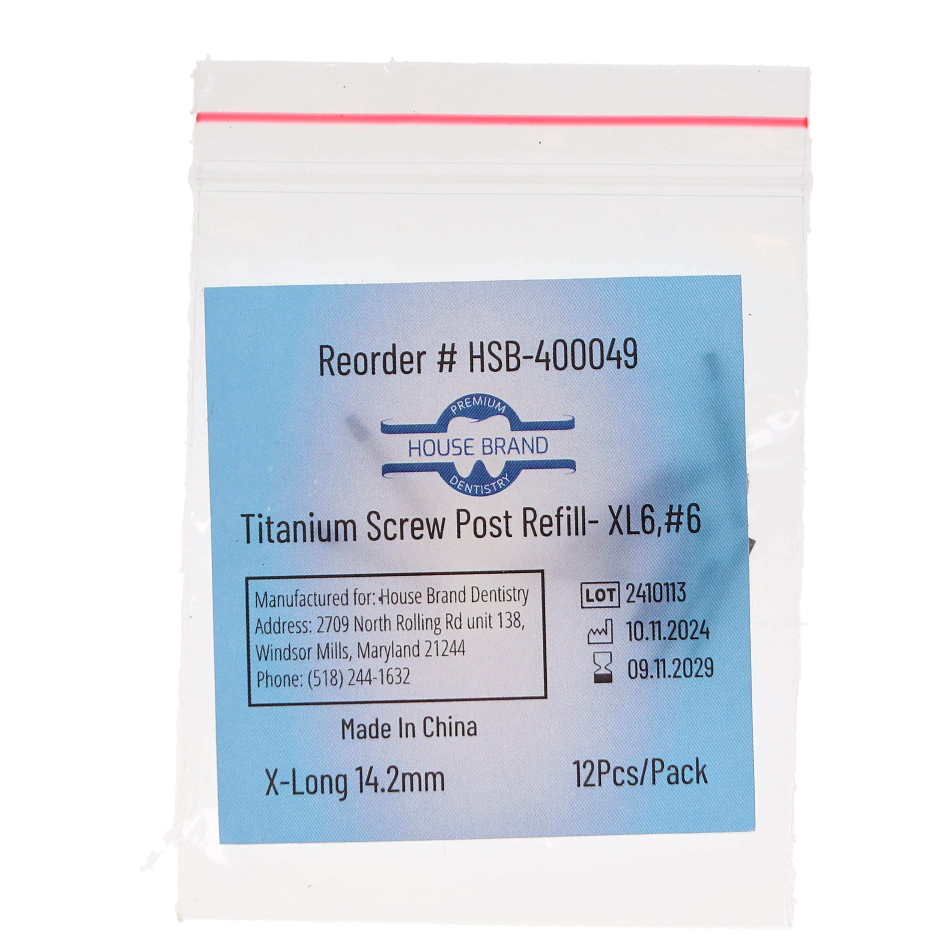 House Brand Dentistry 400049 HSB Titanium Screw Posts XL6 #6 X-Long 14.2mm 12/Pk