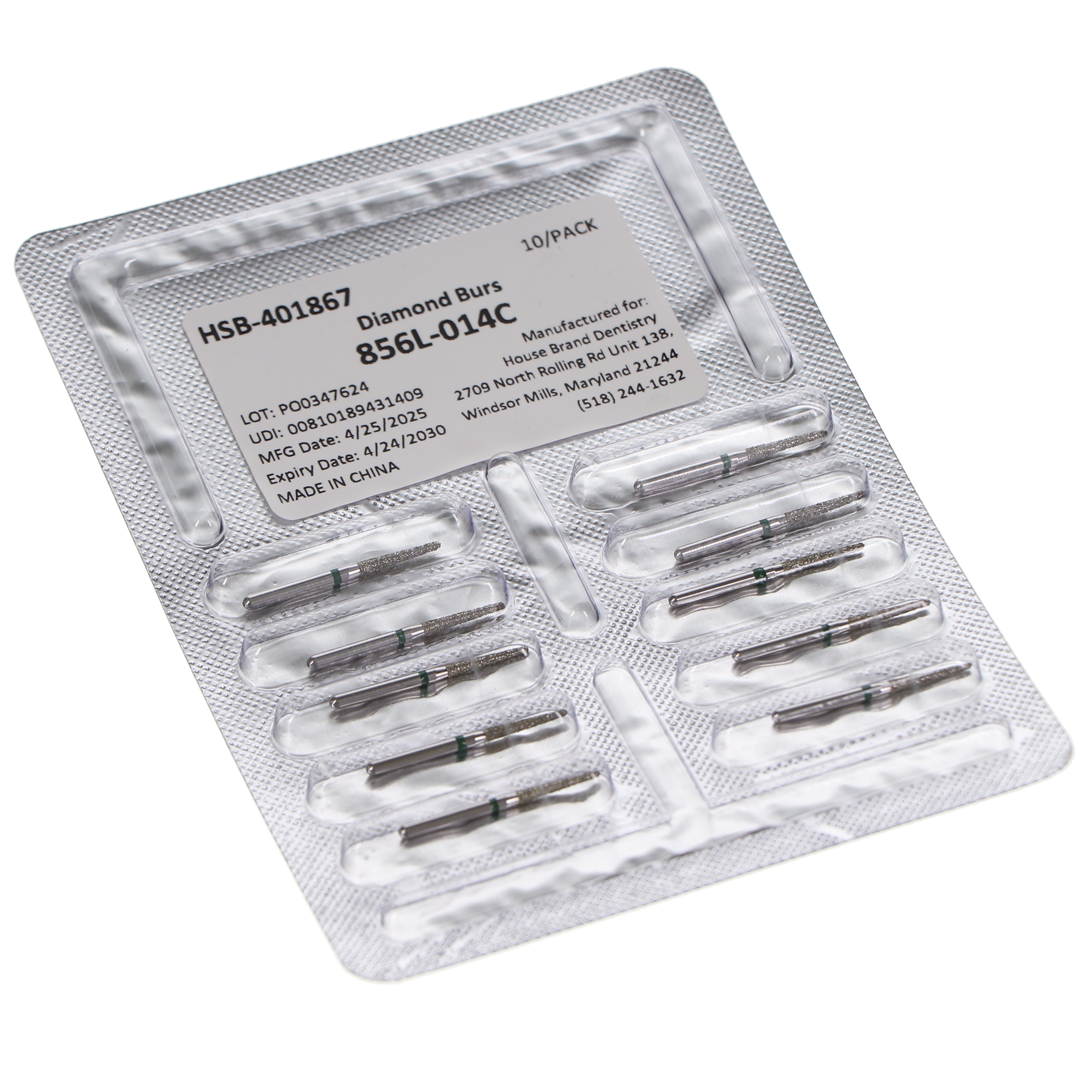 House Brand Dentistry 401867 HSB FG 856L-014C Round End Taper Coarse Grit Diamond Burs 10/Pk