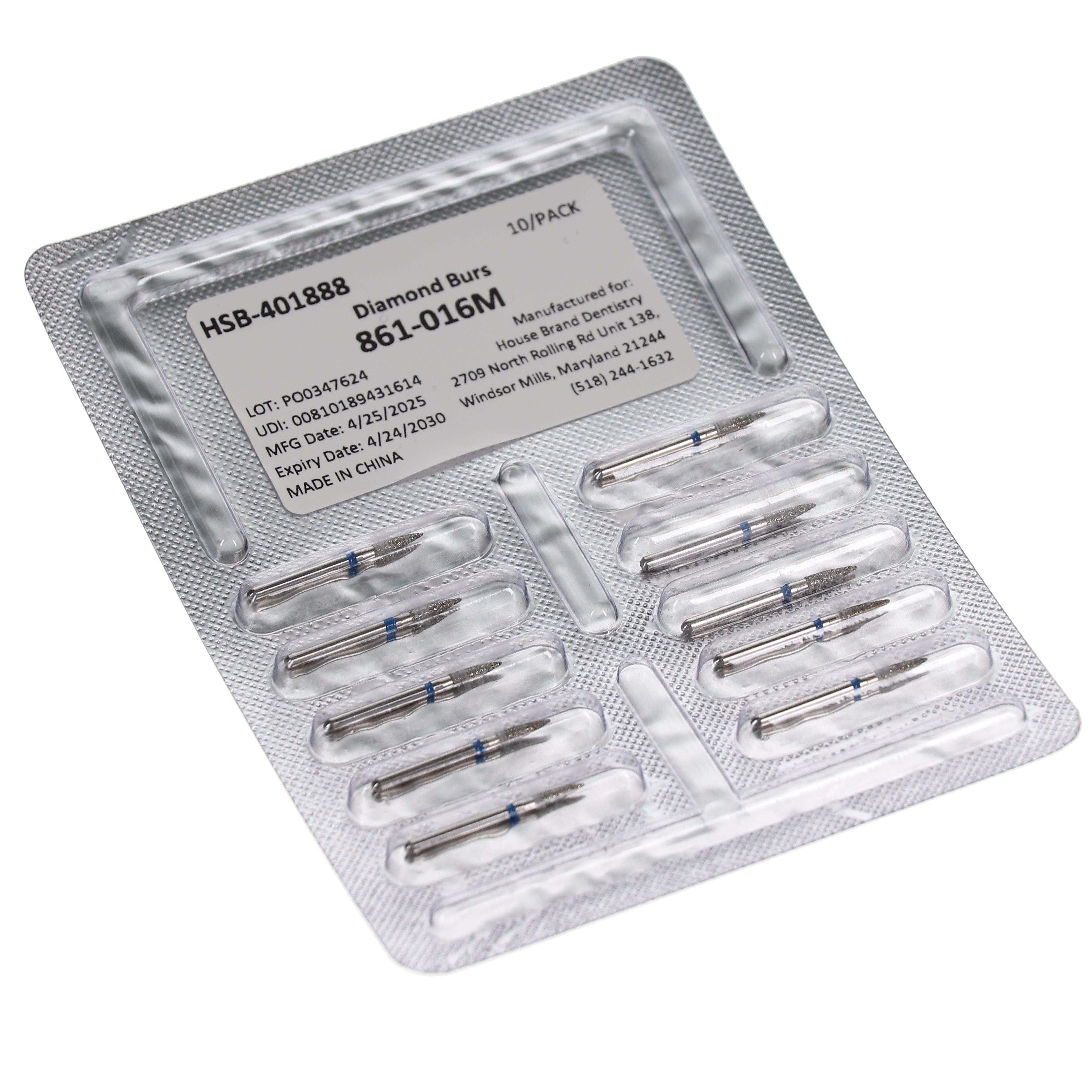 House Brand Dentistry 401888 HSB FG 861-016M Flame Medium Grit Diamond Burs 10/Pk