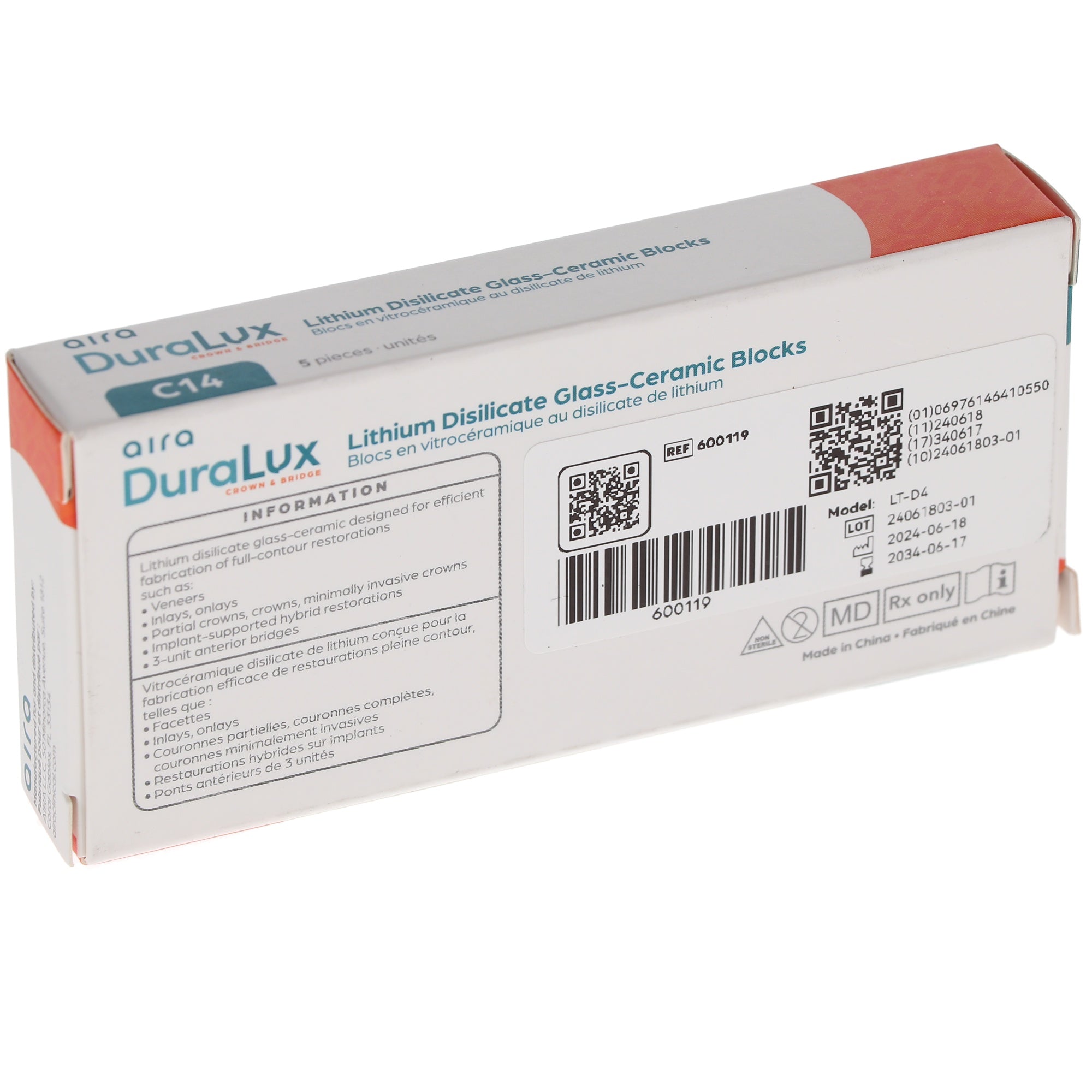Aira 600119 DuraLux IPS e.max Type Blocks CAD inLab LT D4 C14 5/Pk