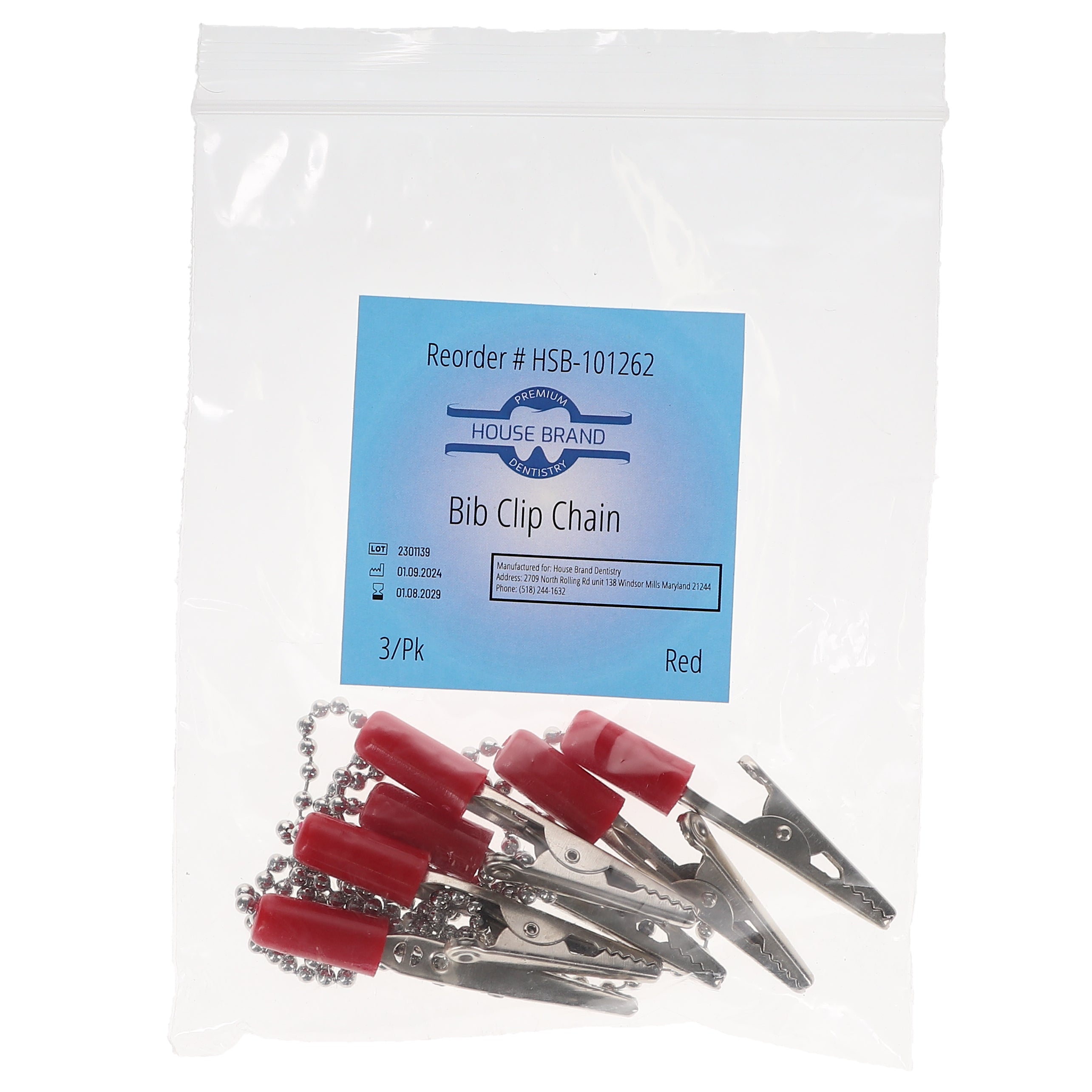 House Brand Dentistry 101262 HSB Dental Patient Bib Clips Chain Red 3/Pk