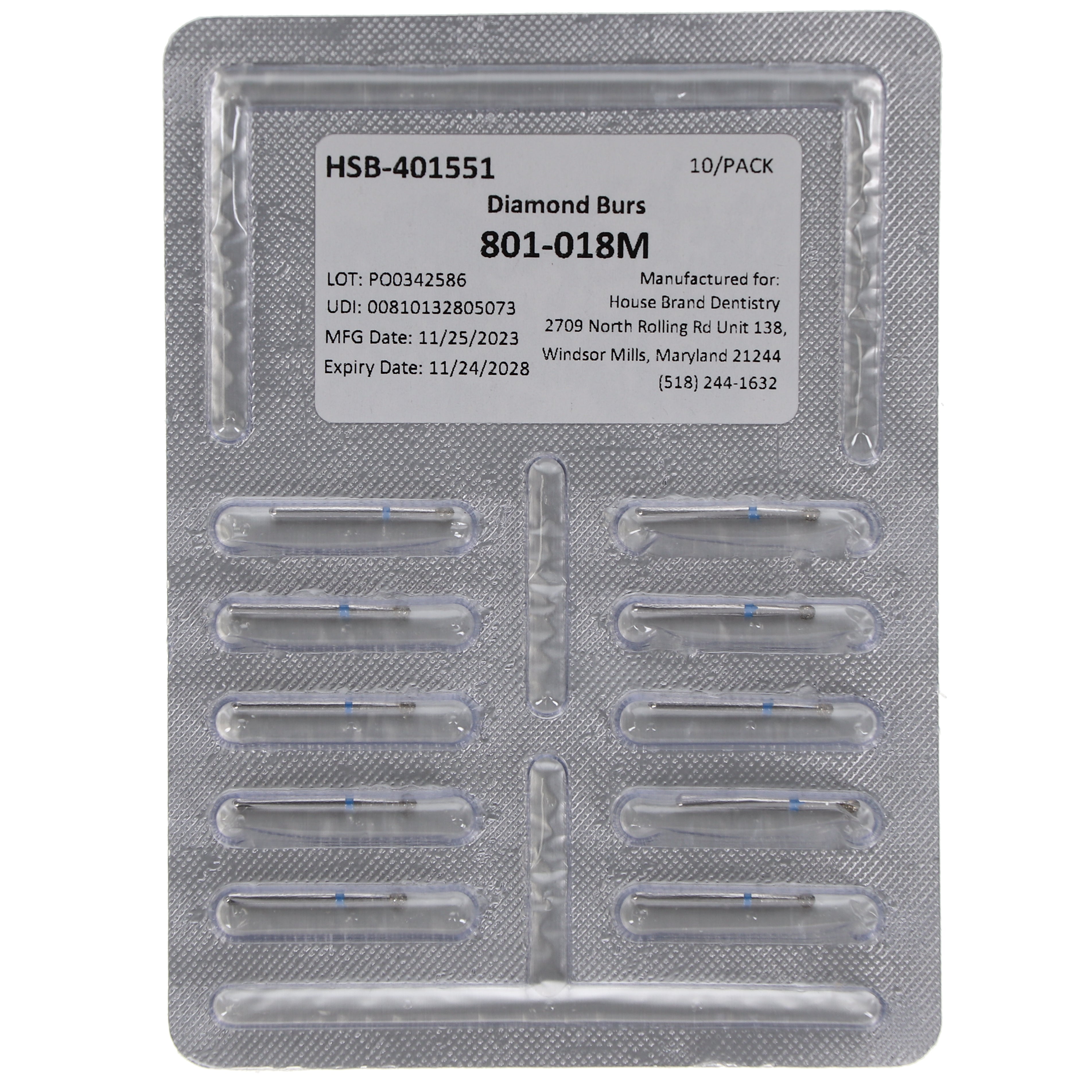 House Brand Dentistry 401551 HSB FG 801-018M Round Medium Grit Diamond Burs 10/Pk