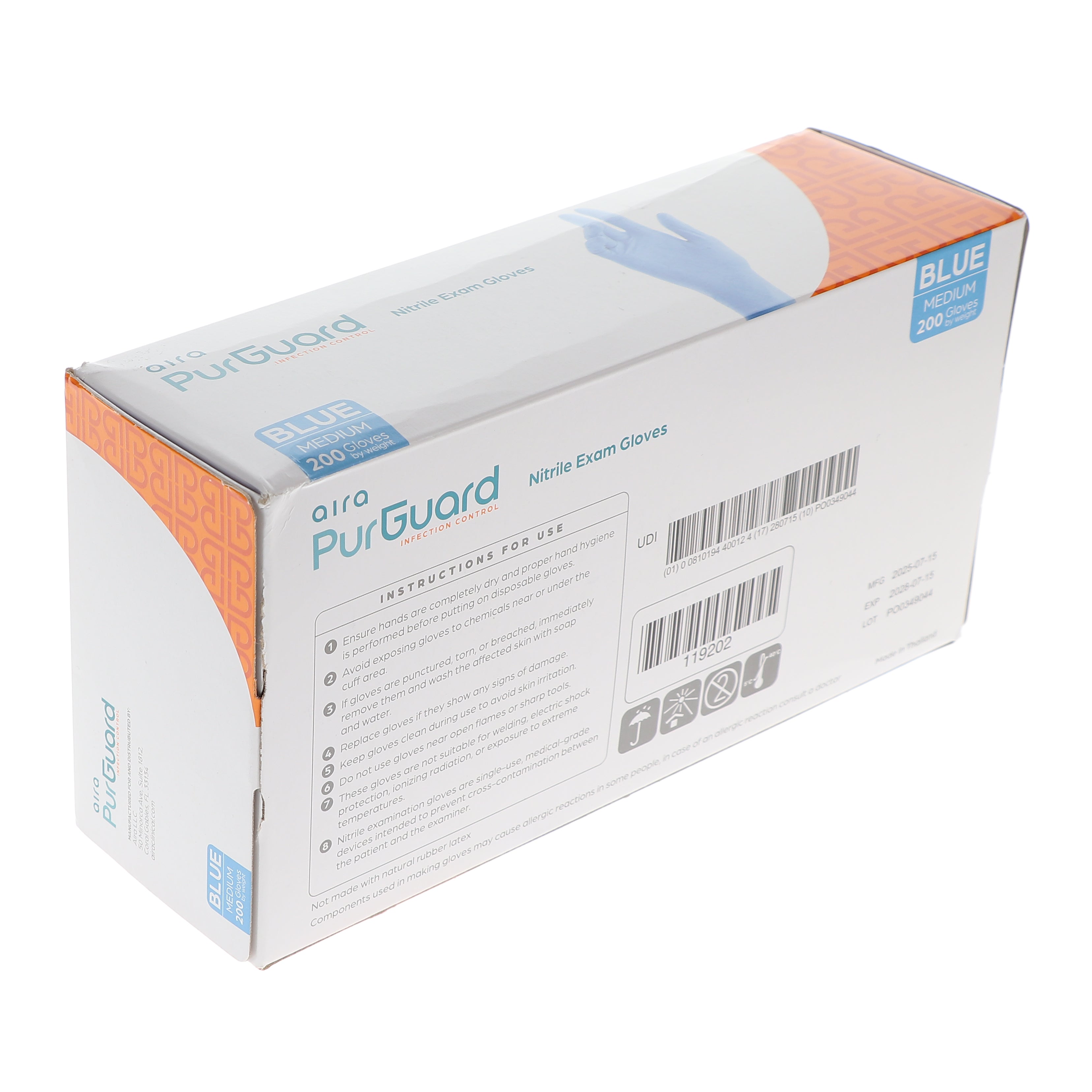 AIRA 119202 PurGuard Nitrile Exam Gloves Latex Free Powder Free Blue Medium 200/Bx