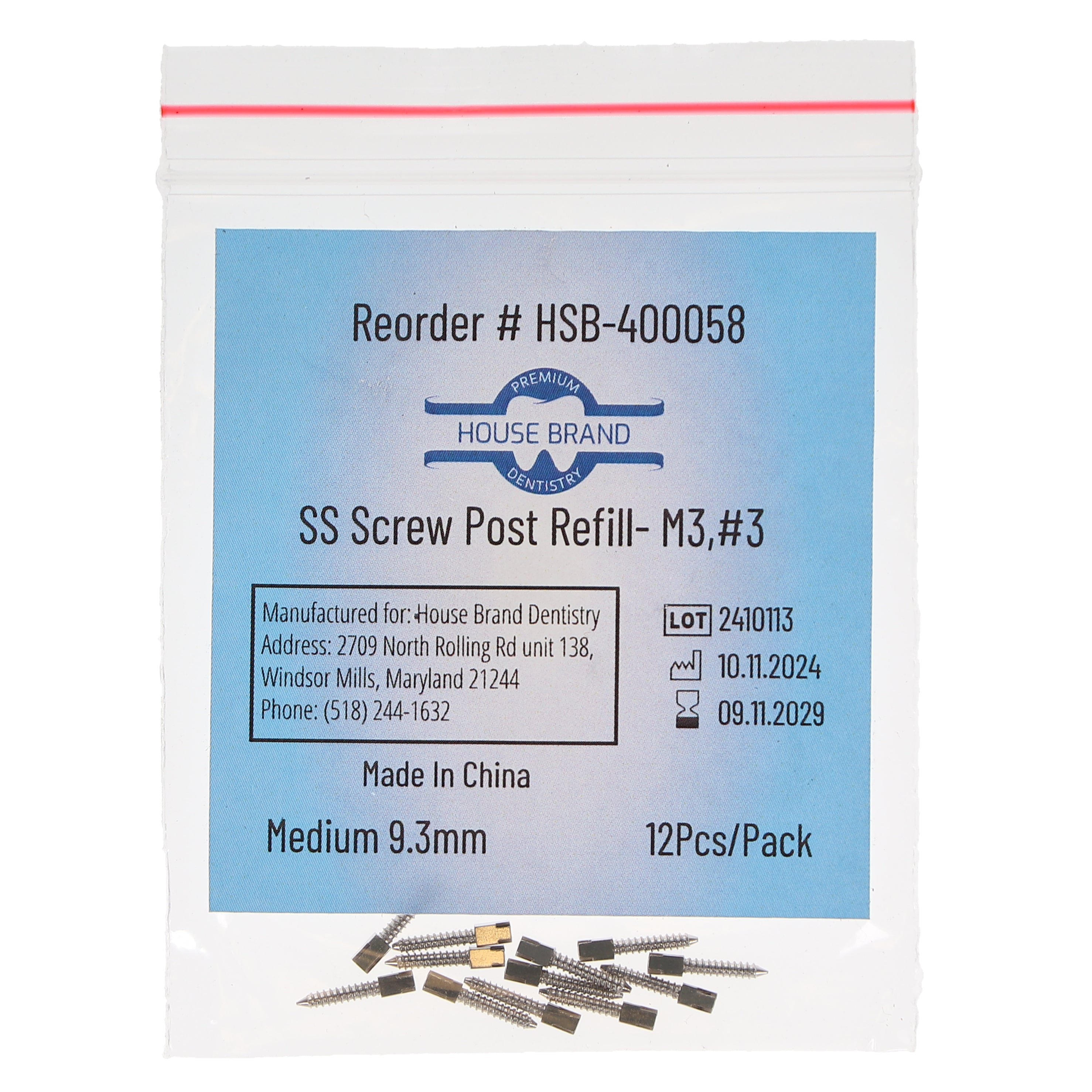 House Brand Dentistry 400058 HSB Screw Posts M3 #3 Medium 9.3mm Stainless Steel 12/Pk