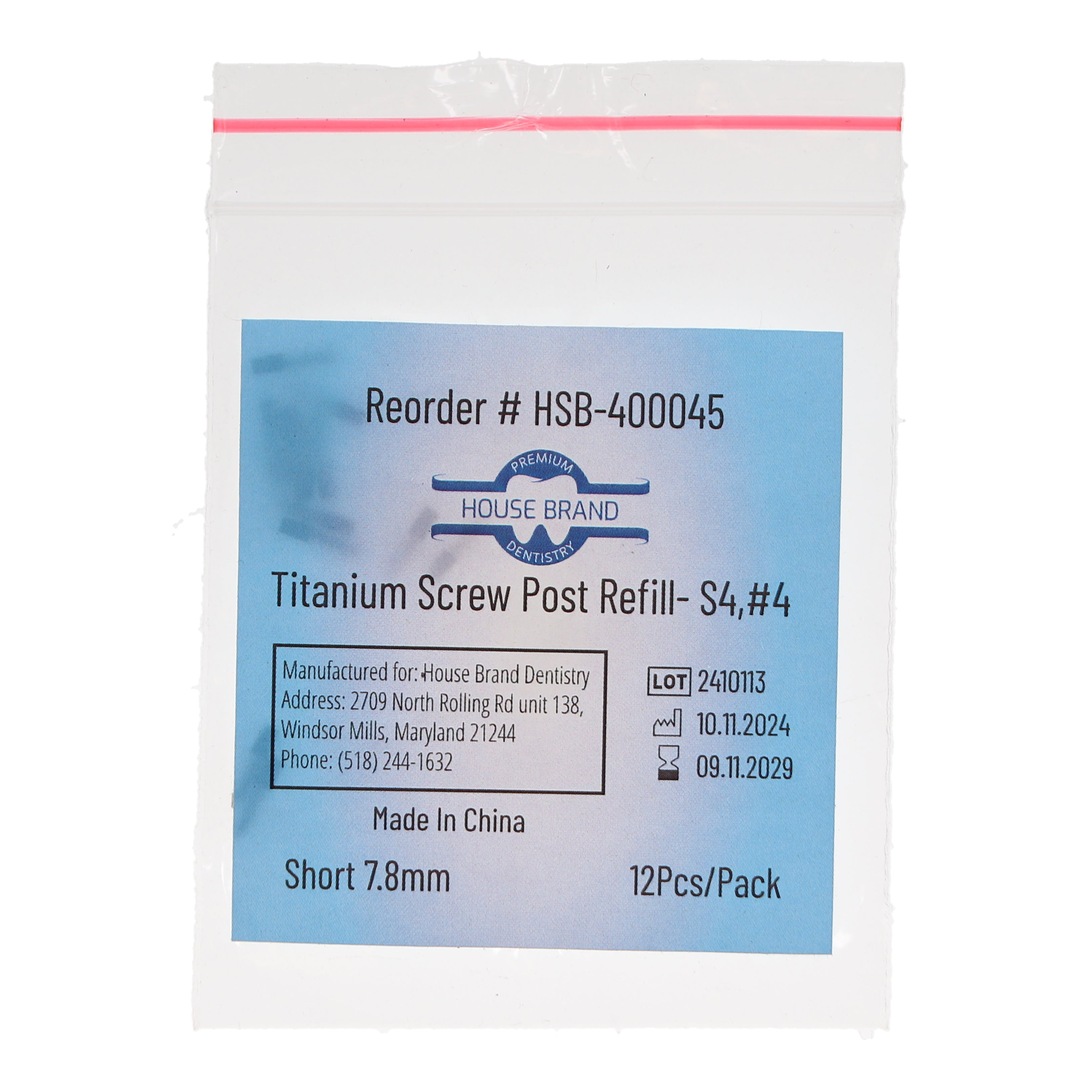 House Brand Dentistry 400045 HSB Titanium Screw Posts S4 #4 Short 7.8mm 12/Pk