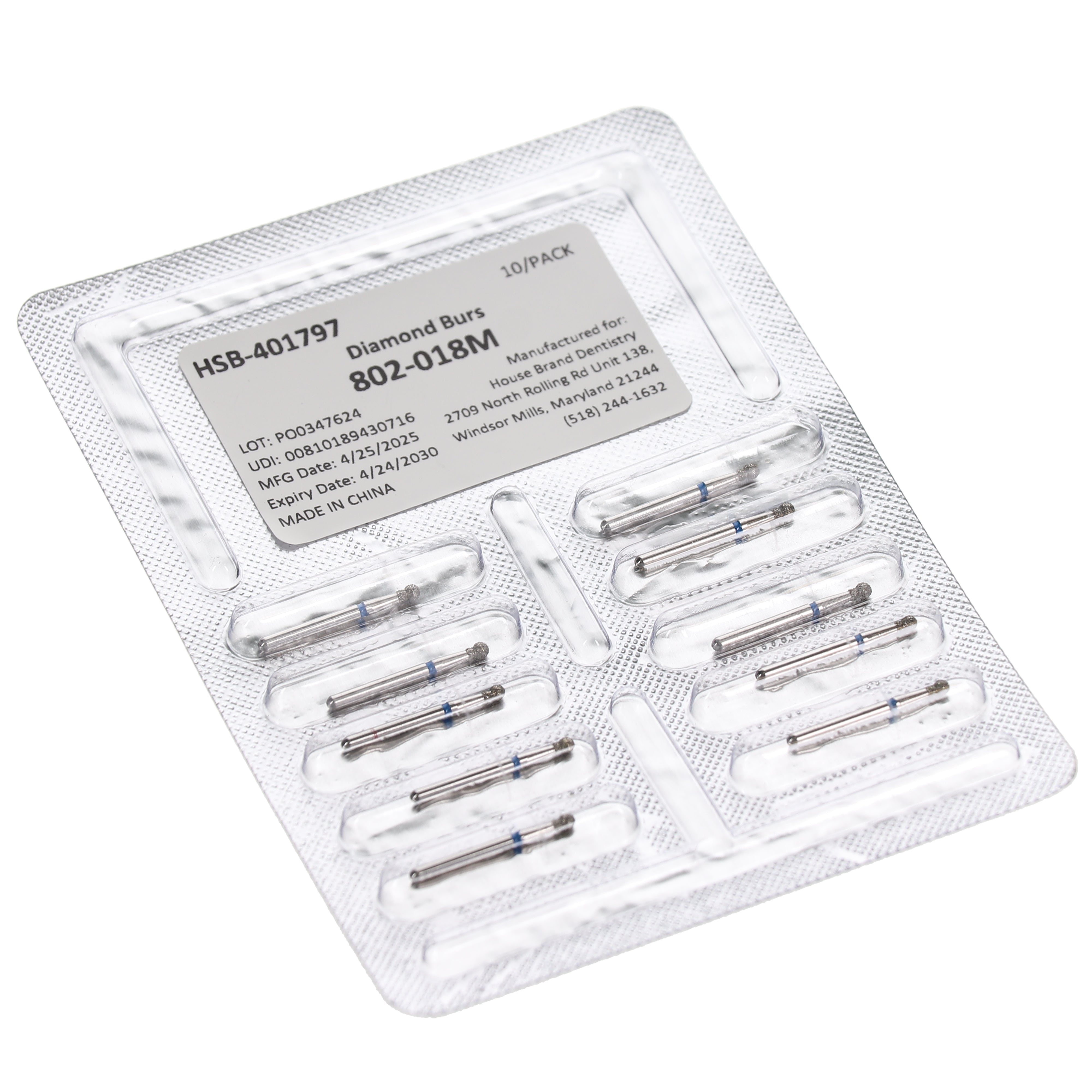 House Brand Dentistry 401797 HSB FG 802-018M Round Neck Medium Grit Diamond Burs 10/Pk
