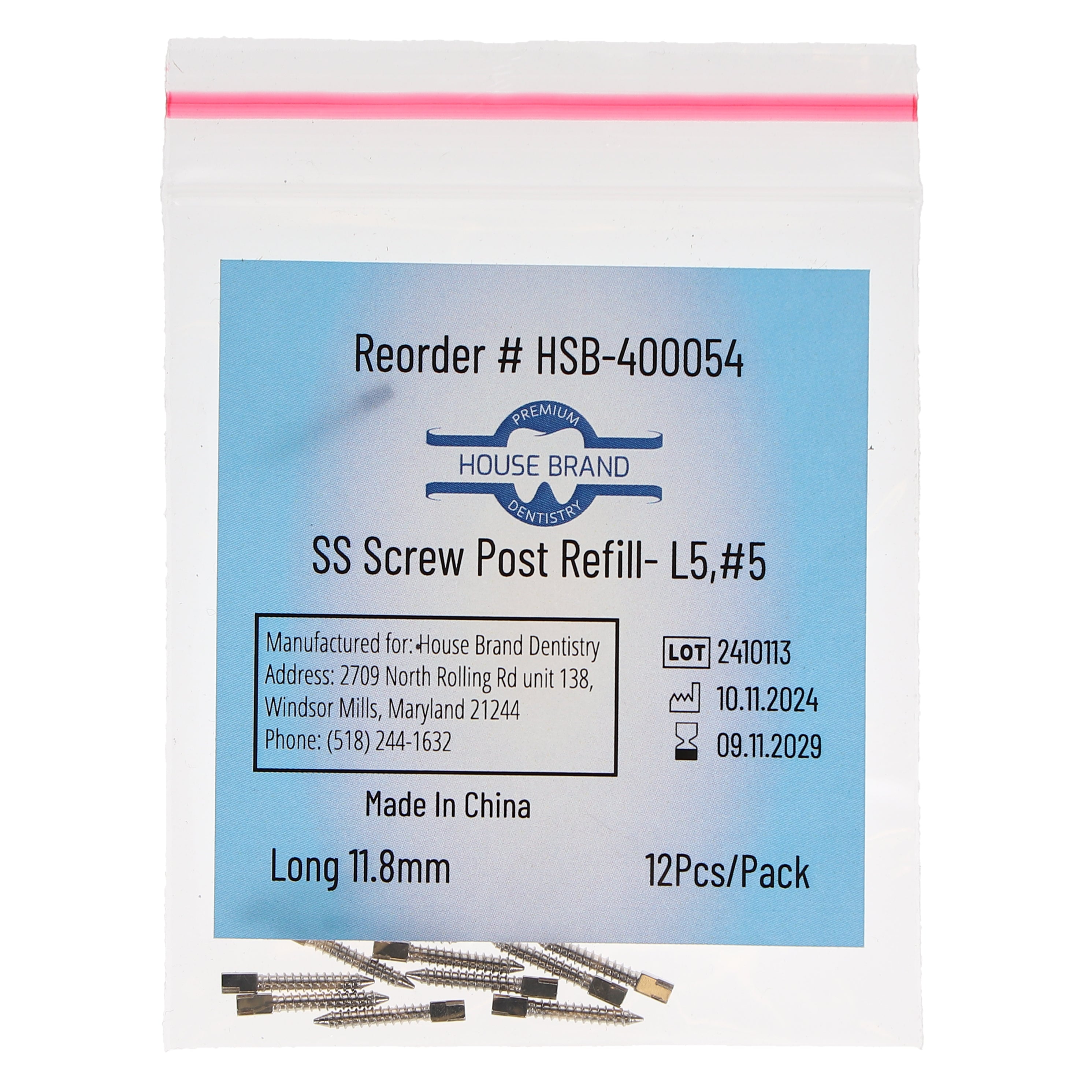 House Brand Dentistry 400054 HSB Screw Posts L5 #5 Long 11.8mm Stainless Steel 12/Pk