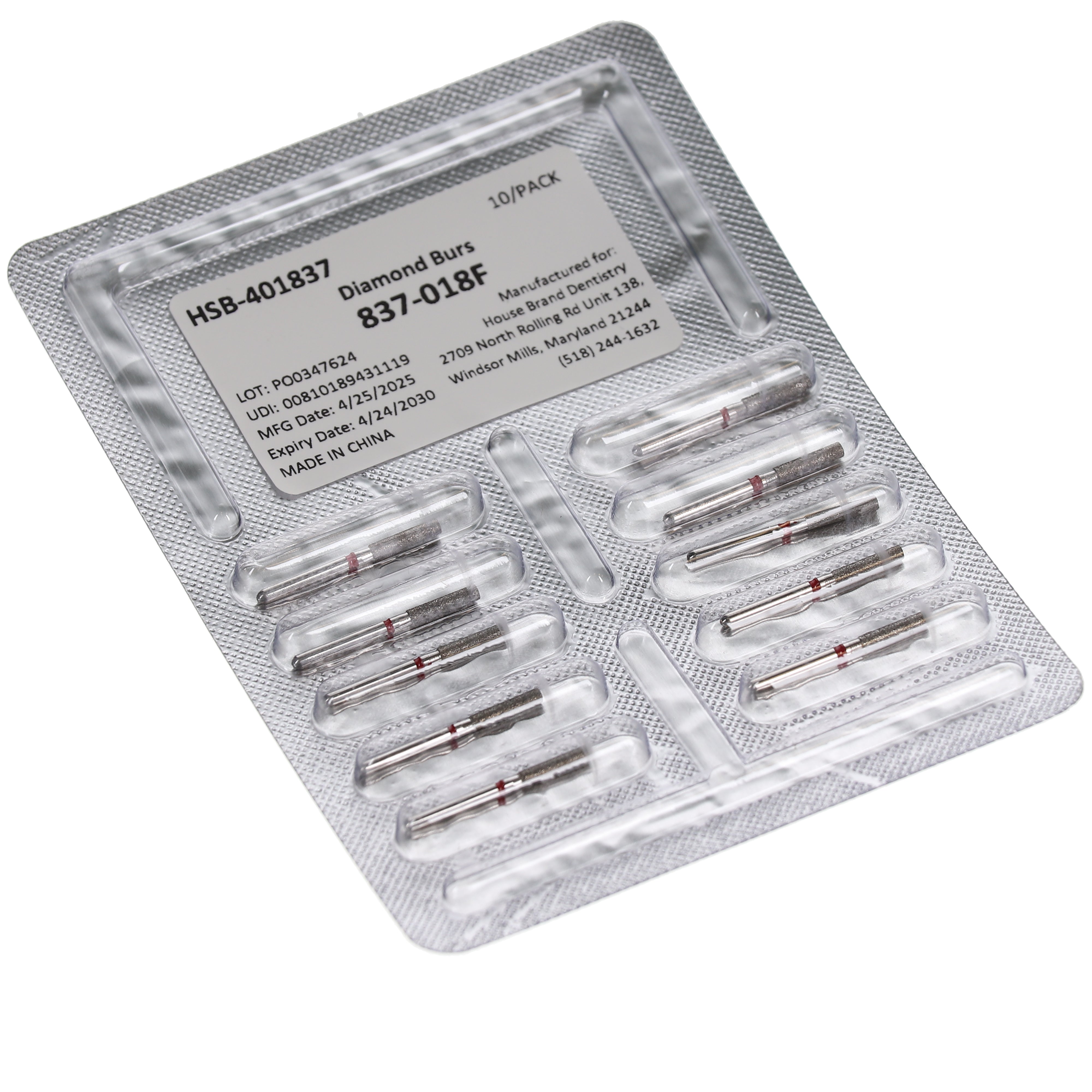House Brand Dentistry 401837 HSB FG 837-018F Flat End Cylinder Fine Grit Diamond Burs 10/Pk