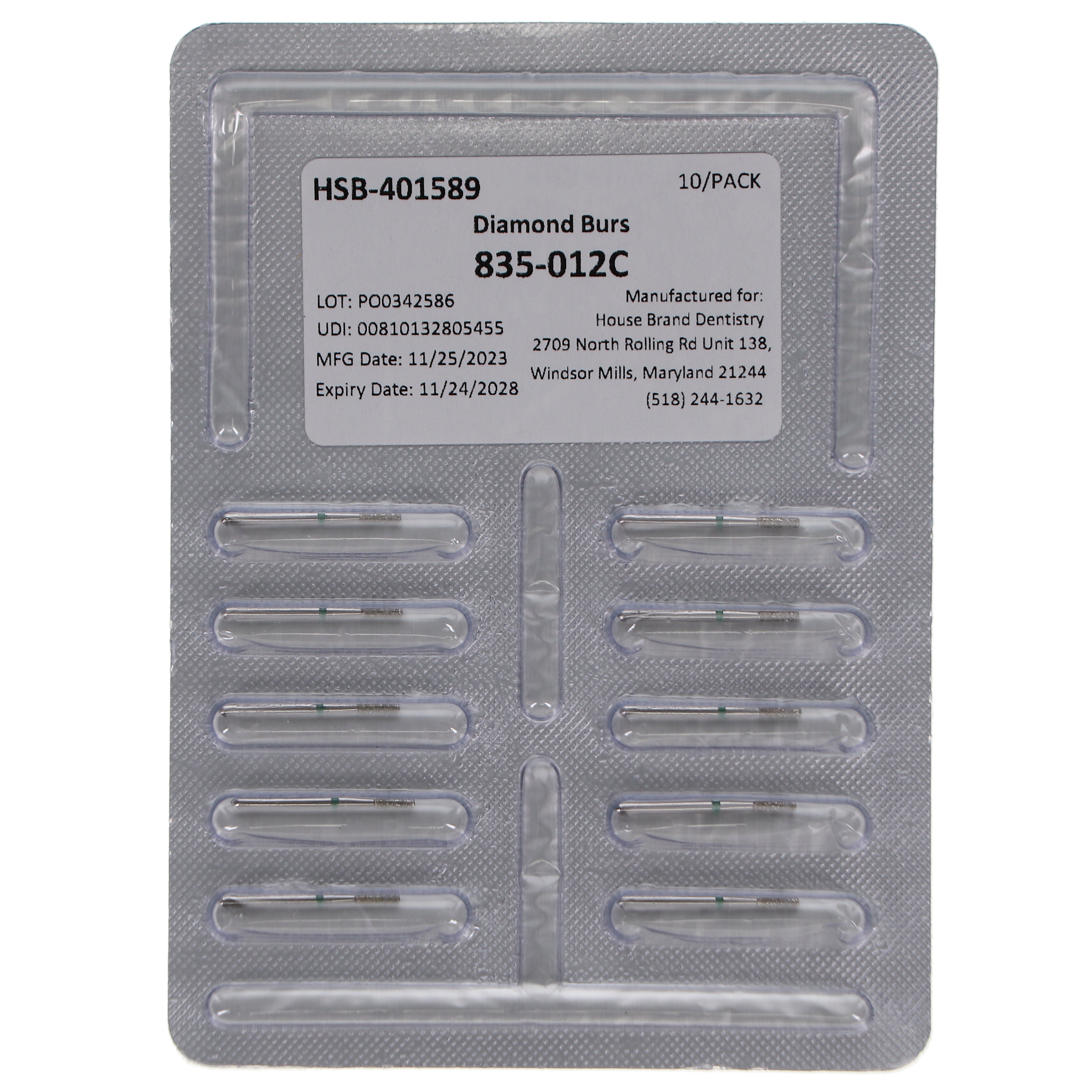 House Brand Dentistry 401589 HSB FG 835-012C Flat End Cylinder Coarse Grit Diamond Burs 10/Pk