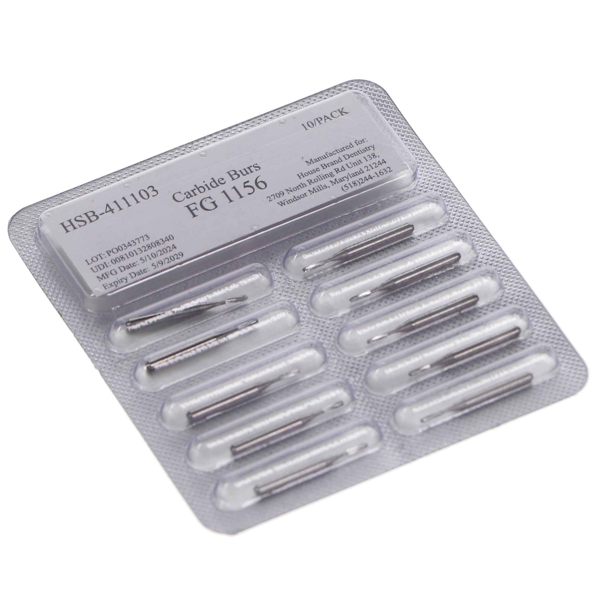 House Brand Dentistry 411103 HSB FG #1156 Straight Dome Plain Carbide Burs 10/Pk