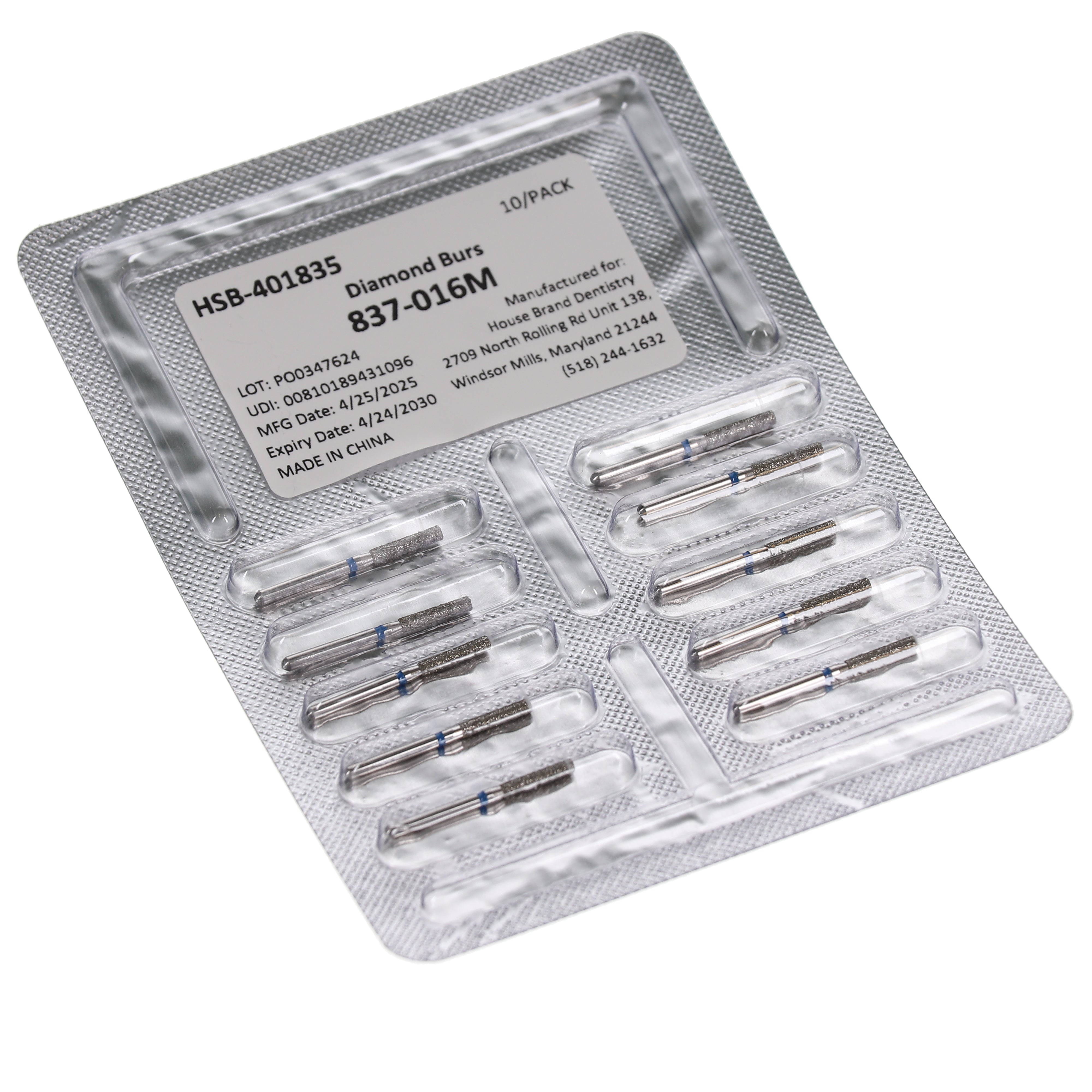 House Brand Dentistry 401835 HSB FG 837-016M Flat End Cylinder Medium Grit Diamond Burs 10/Pk