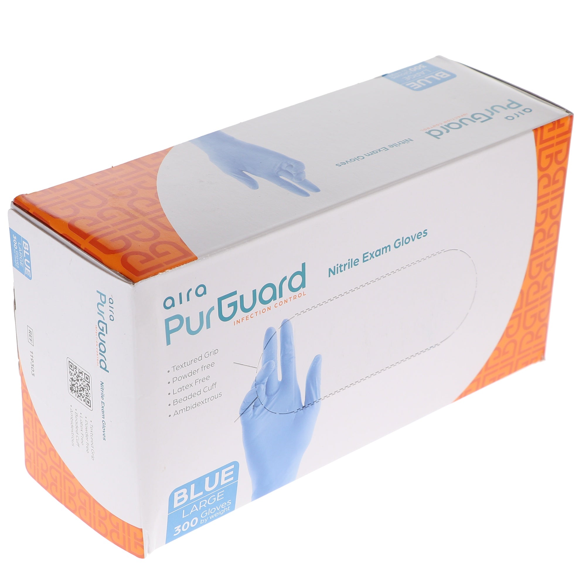 Aira 119303 PurGuard Nitrile Exam Gloves Blue Large Latex Free 300/Bx