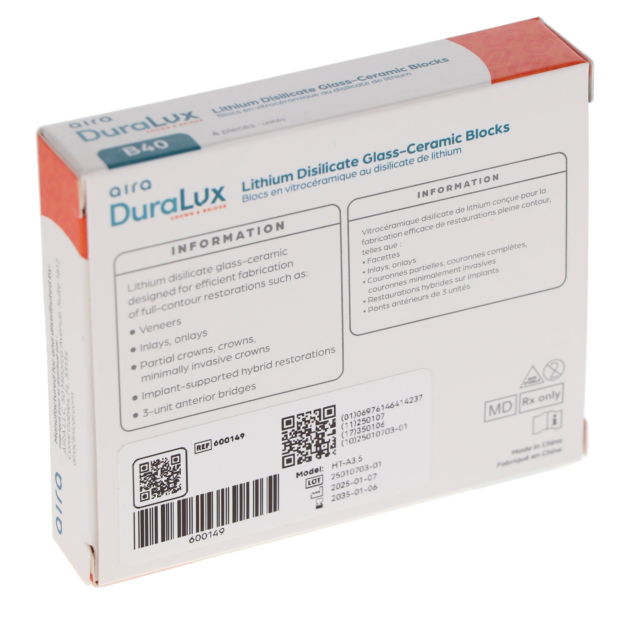 Aira 600149 DuraLux IPS e.max Type Blocks CAD inLab HT A3.5 B40 4/Pk