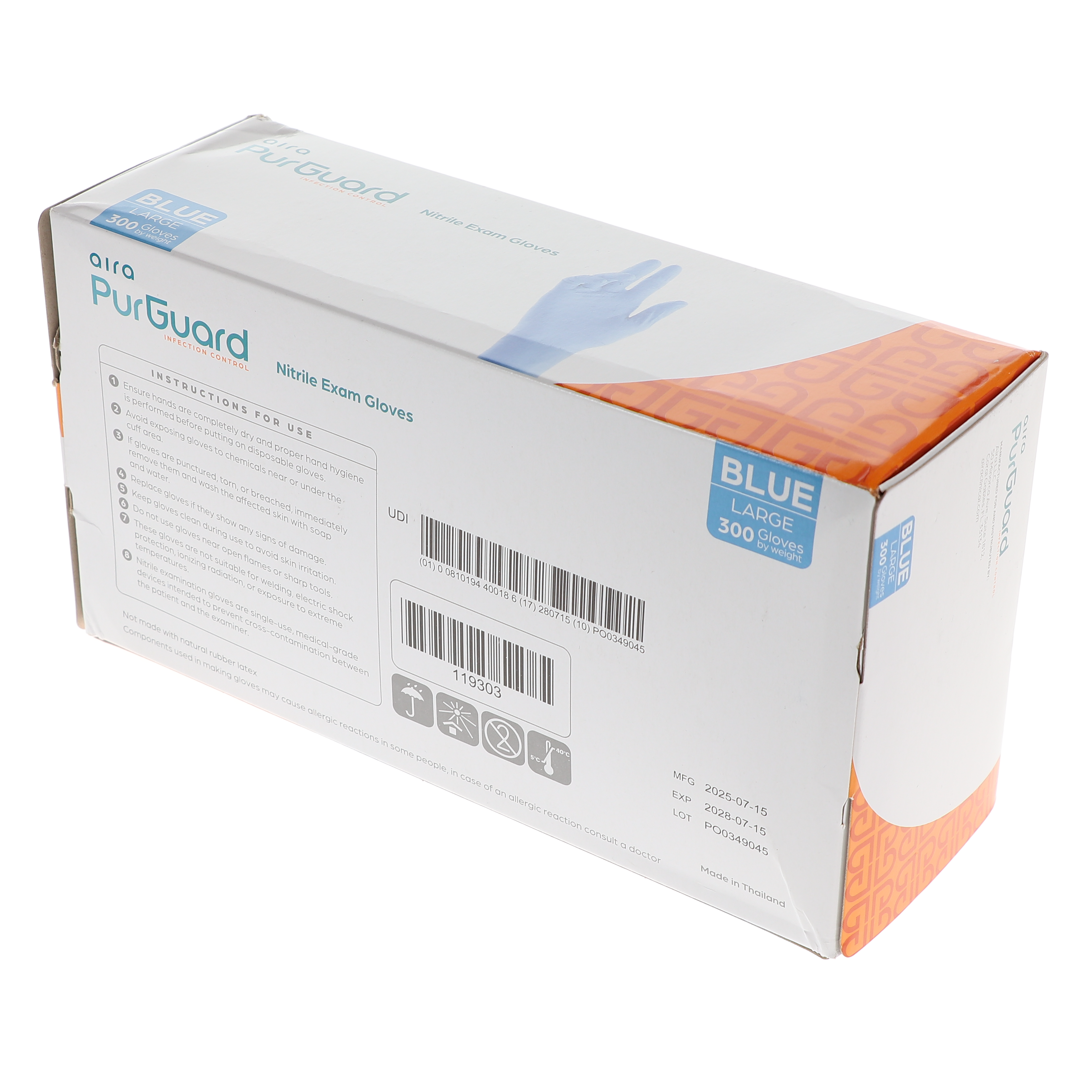 AIRA 119303 PurGuard Nitrile Exam Gloves Latex Free Powder Free Blue Large 300/Bx