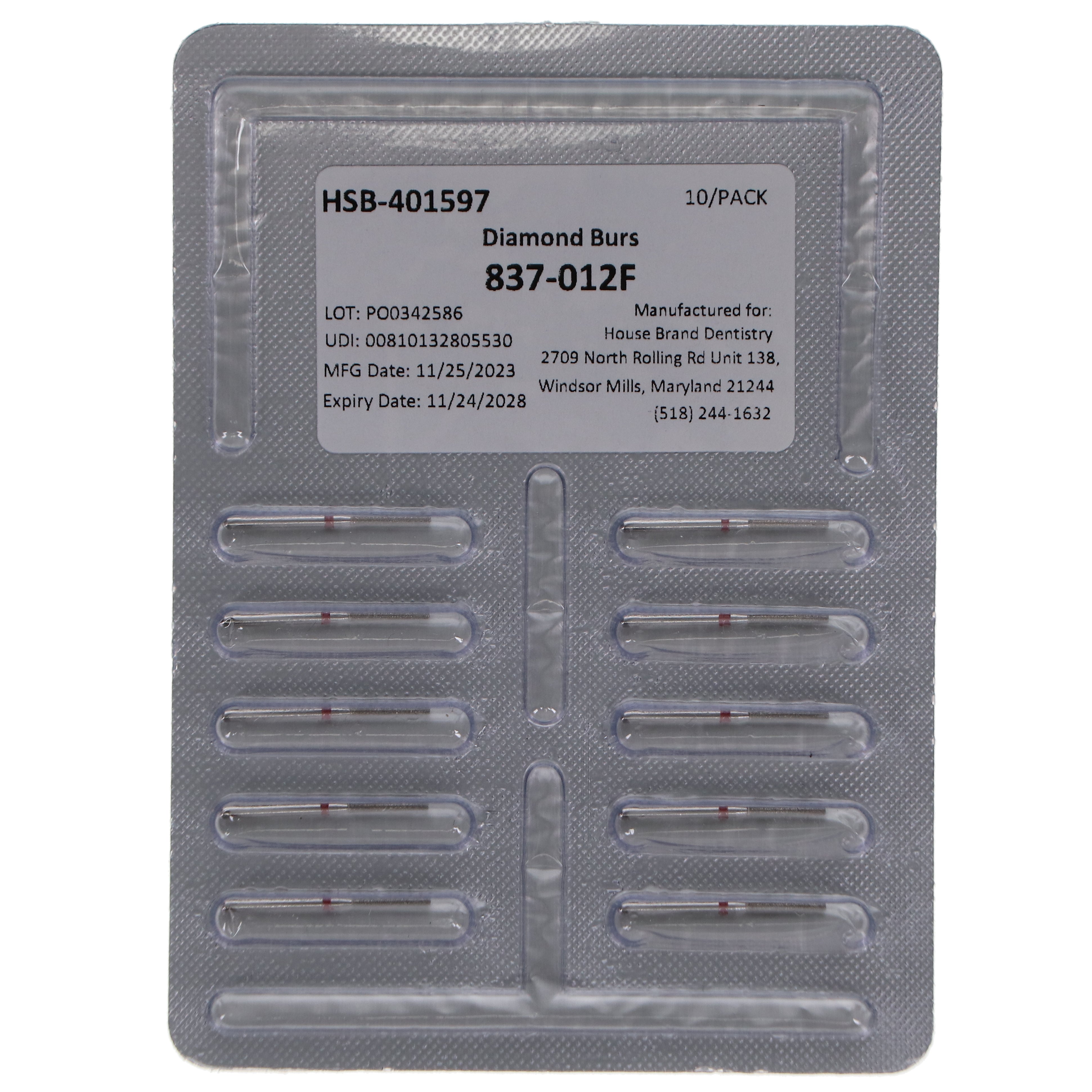 House Brand Dentistry 401597 FG 837-012F Flat End Cylinder Fine Grit Diamond Burs 10/Pk