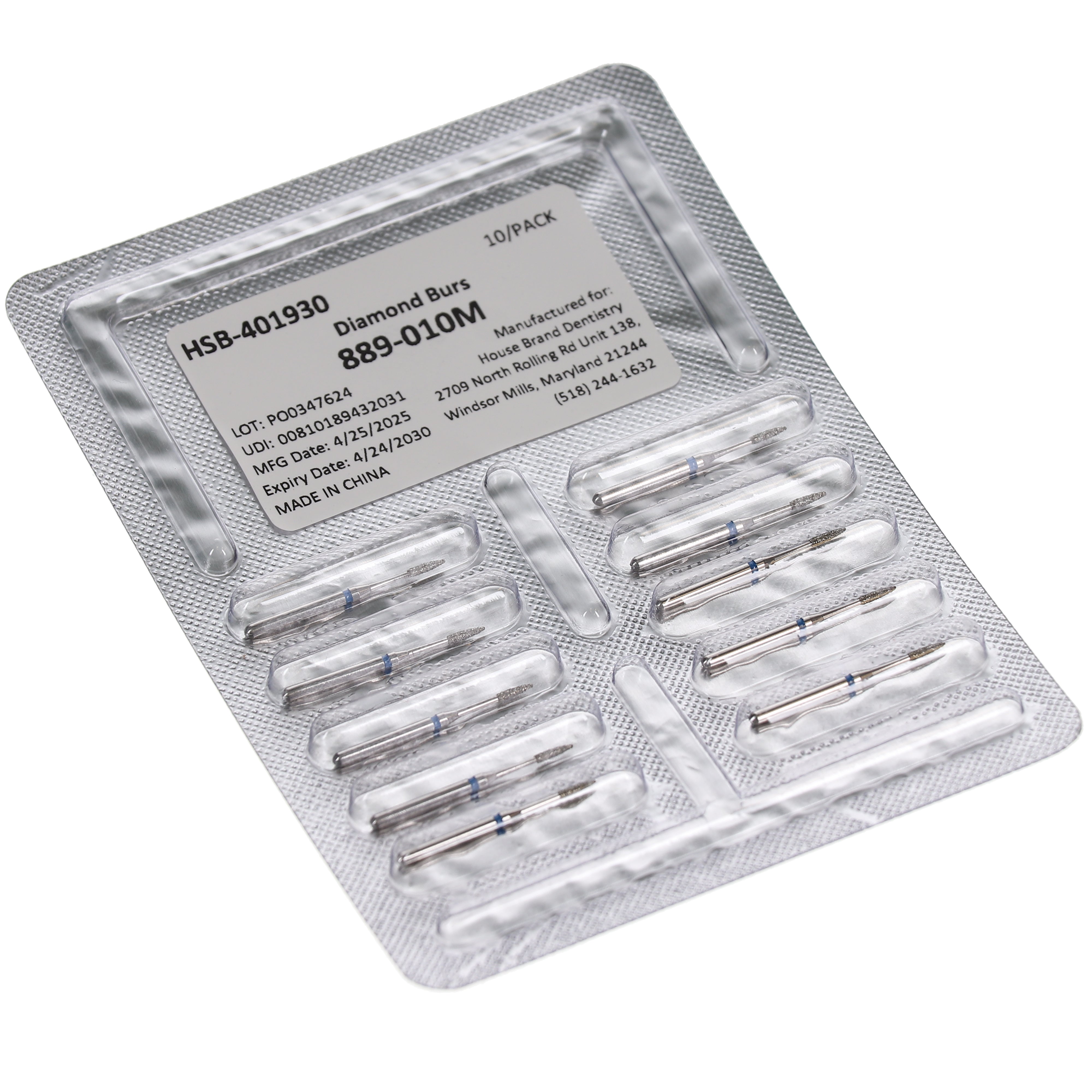 House Brand Dentistry 401930 HSB FG 889-010M Flame Medium Grit Diamond Burs 10/Pk