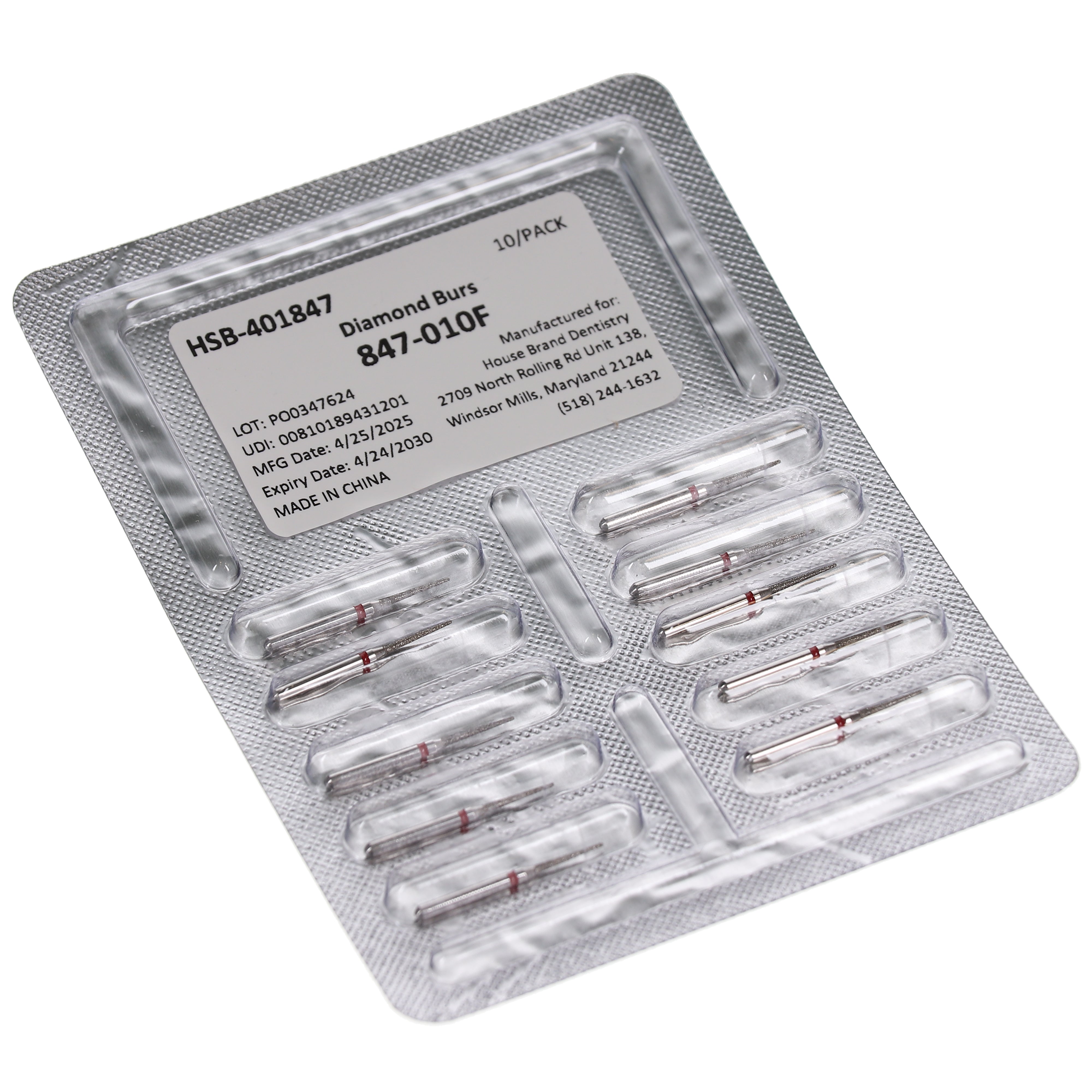 House Brand Dentistry 401847 HSB FG 847-010F Flat End Taper Fine Grit Diamond Burs 10/Pk
