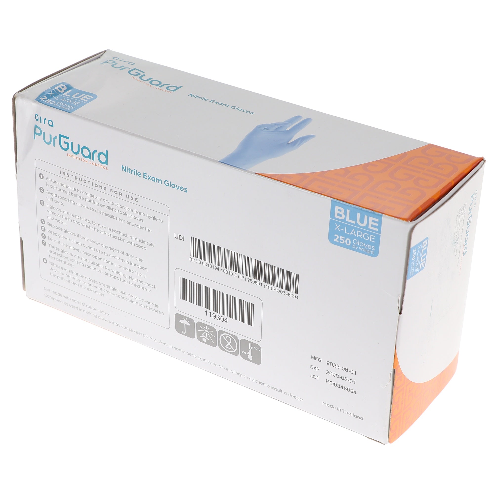Aira 119304 PurGuard Nitrile Exam Glove Blues Extra Large Latex Free 250/Bx