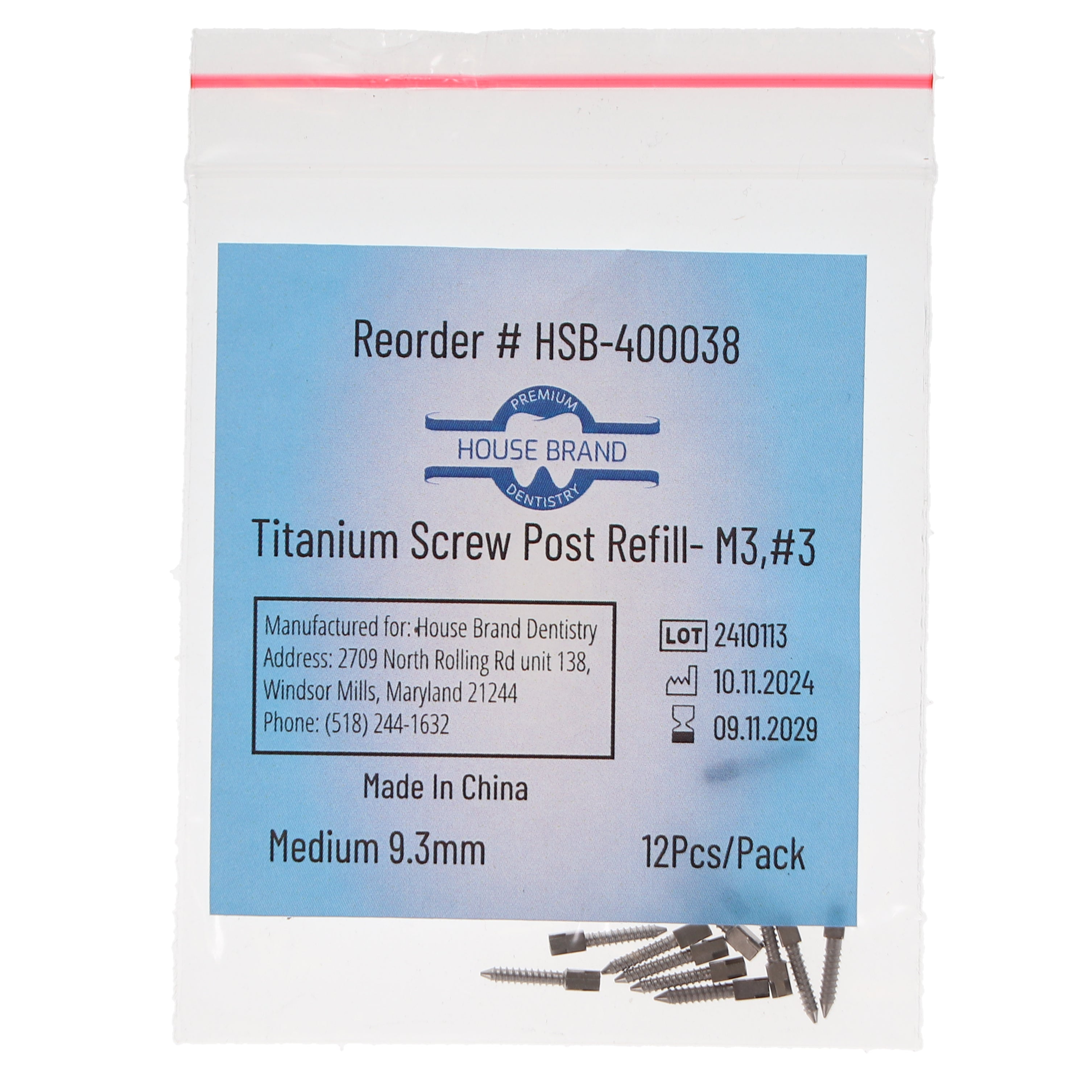 House Brand Dentistry 400038 HSB Titanium Screw Posts M3 #3 Medium 9.3mm 12/Pk