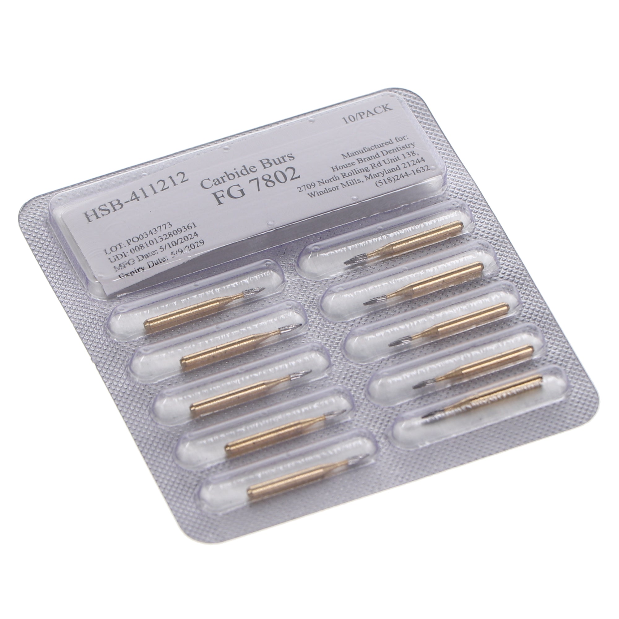 House Brand Dentistry 411212 HSB FG #7802 Bullet Trimming & Finishing Carbide Burs 10/Pk