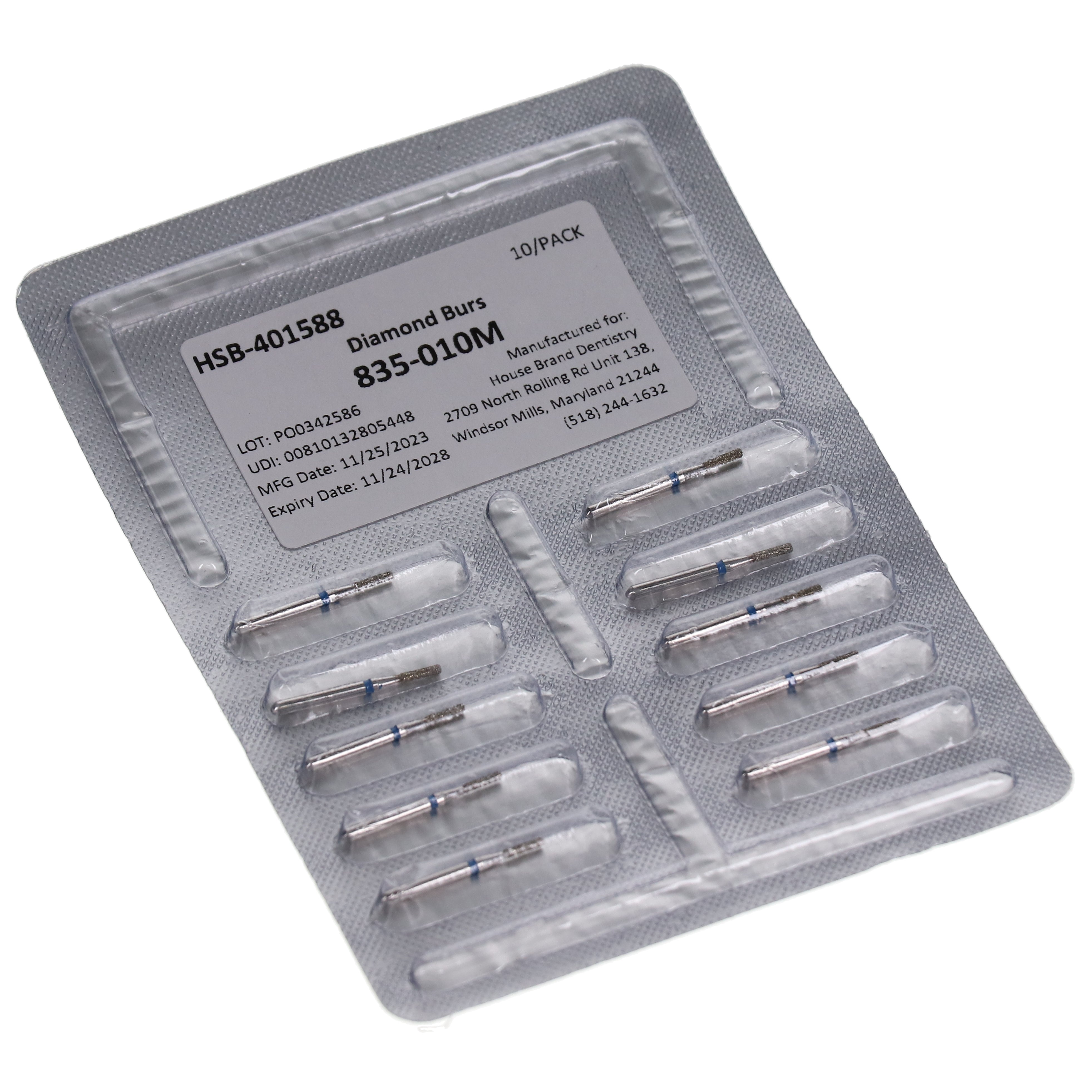 House Brand Dentistry 401588 FG 835-010M Flat End Cylinder Medium Grit Diamond Burs 10/Pk