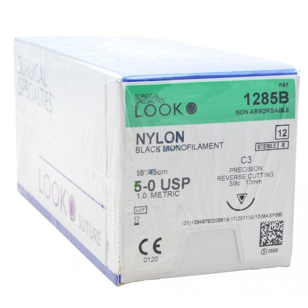 Look 1285B Nylon Black Monofilament Reverse Cutting Sutures C3 3/8 Circle 5-0 18