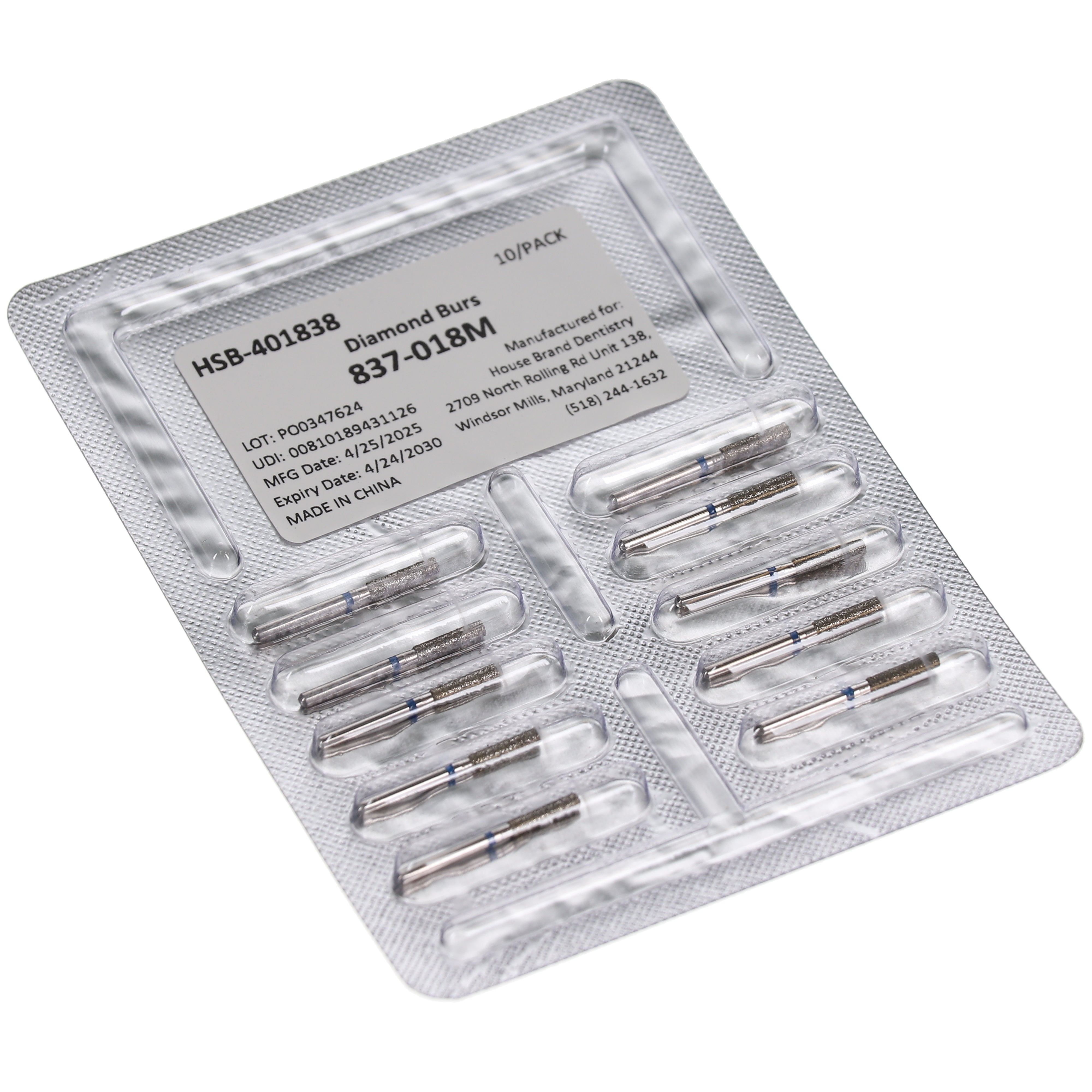 House Brand Dentistry 401838 HSB FG 837-018M Flat End Cylinder Medium Grit Diamond Burs 10/Pk