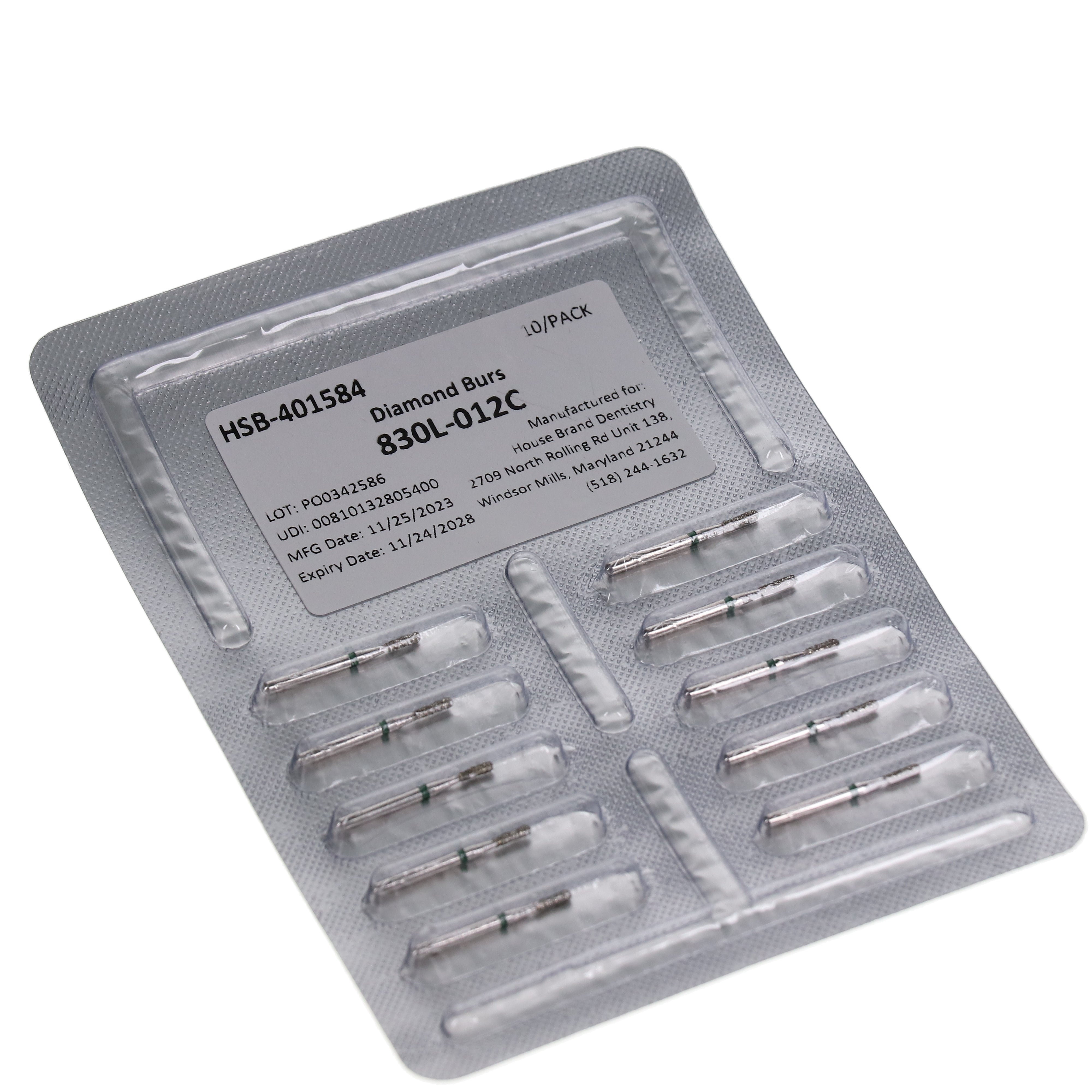 House Brand Dentistry 401584 HSB FG 830L-012C Long Pear Coarse Grit Diamond Burs 10/Pk