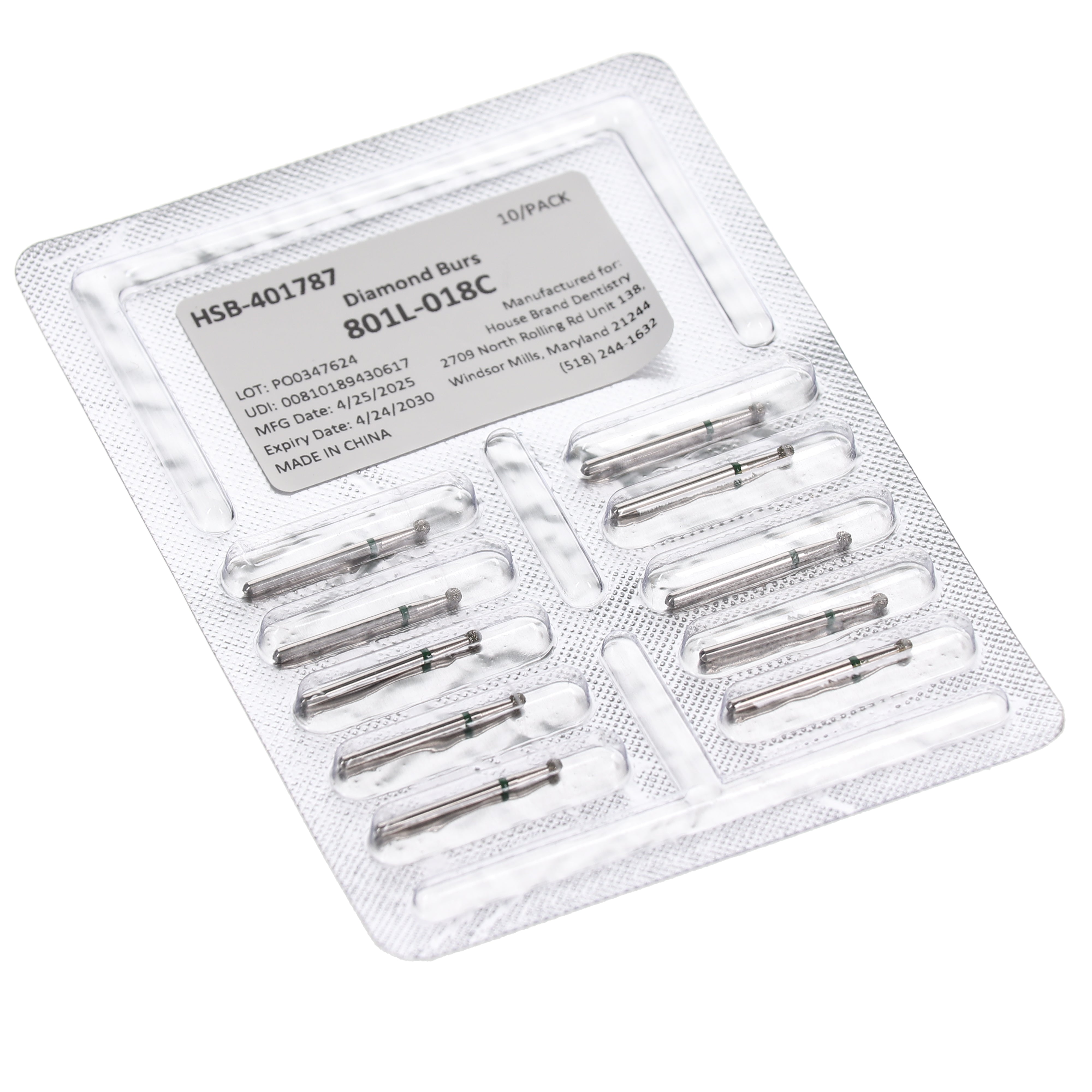 House Brand Dentistry 401787 HSB FG 801L-018C Long Round Coarse Grit Diamond Burs 10/Pk