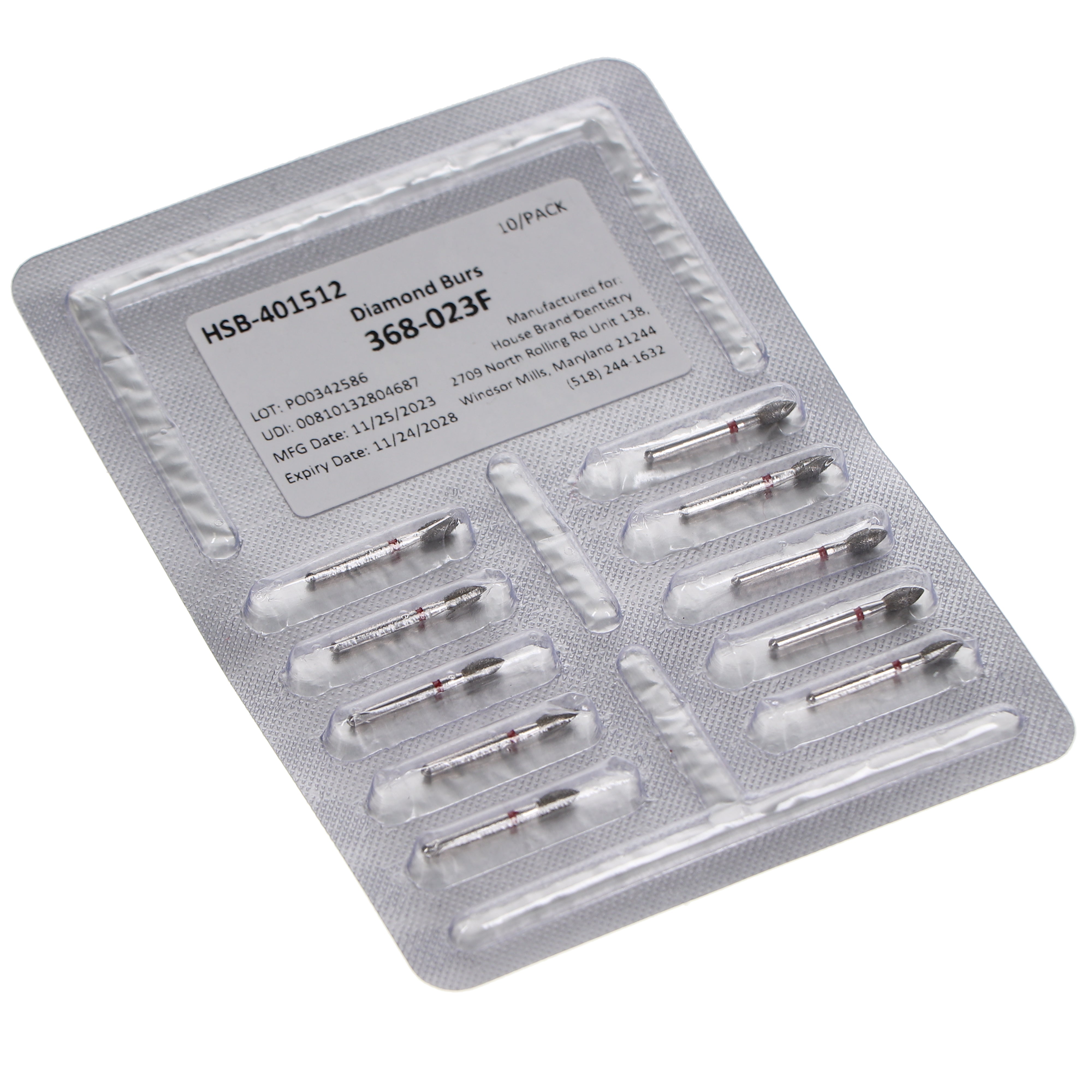 House Brand Dentistry 401512 HSB 368-023F Football Fine Grit Diamond Burs 10/Pk