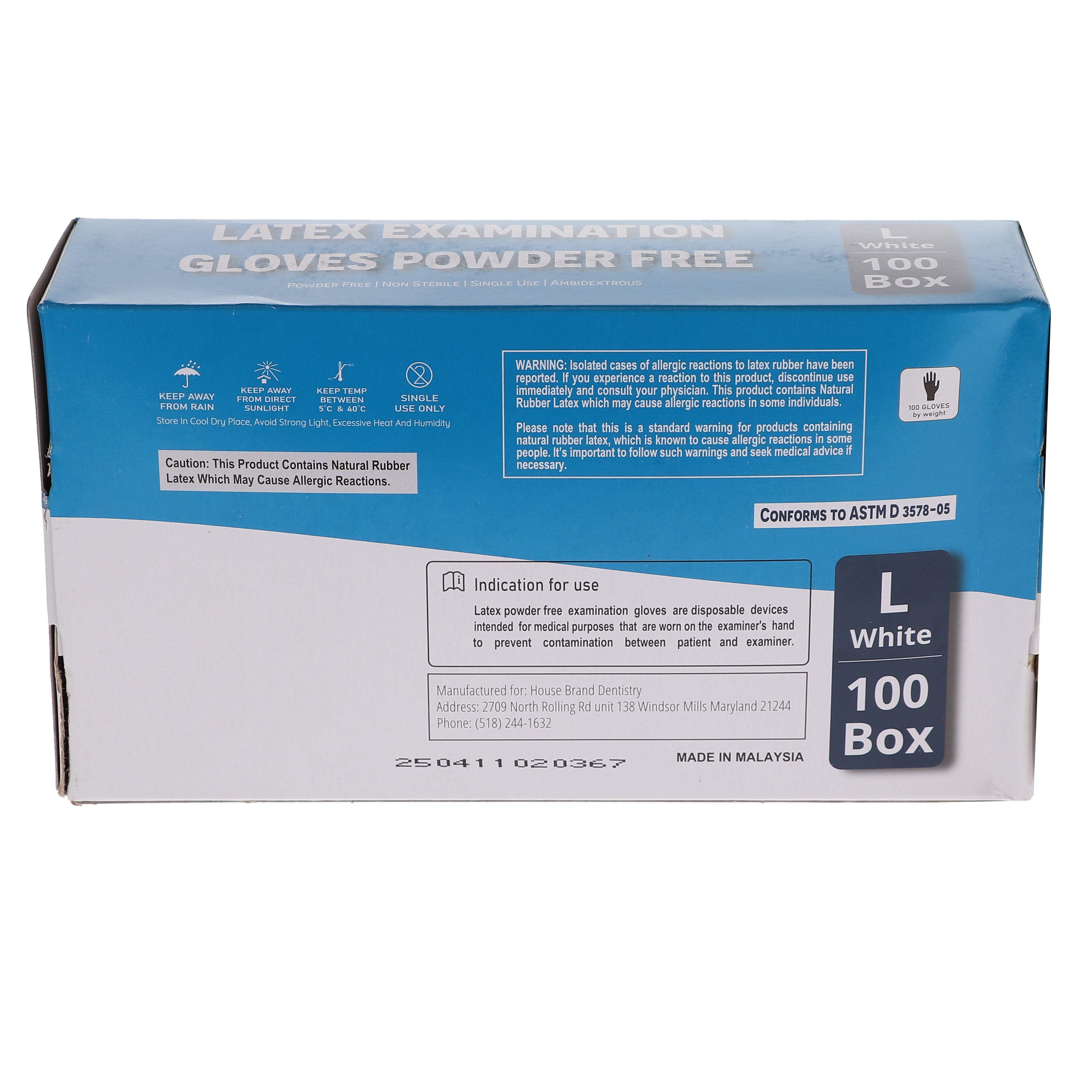 House Brand Dentistry 119153 HSB Latex Exam Gloves Large White 100/Bx