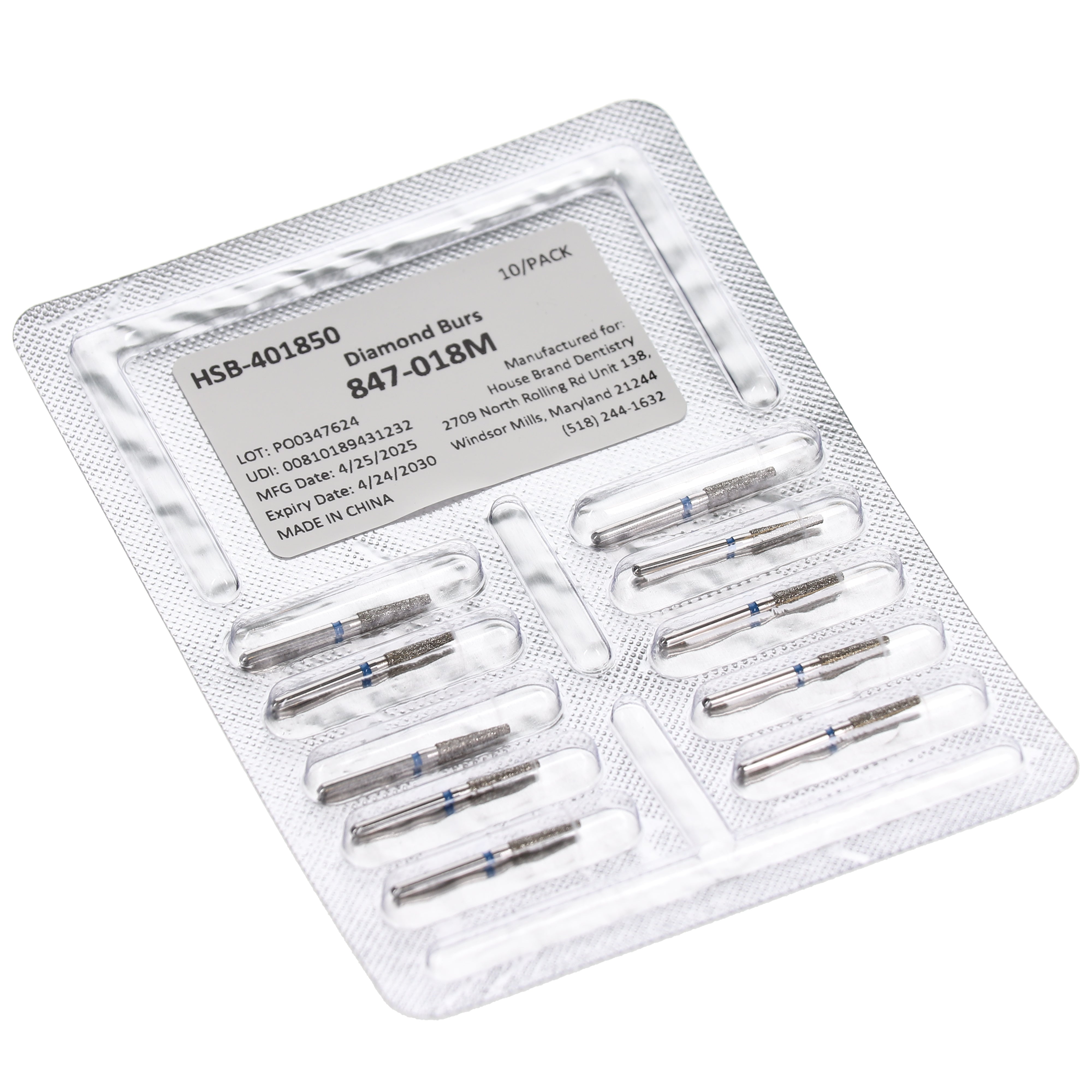 House Brand Dentistry 401850 HSB FG 847-018M Flat End Taper Medium Grit Diamond Burs 10/Pk
