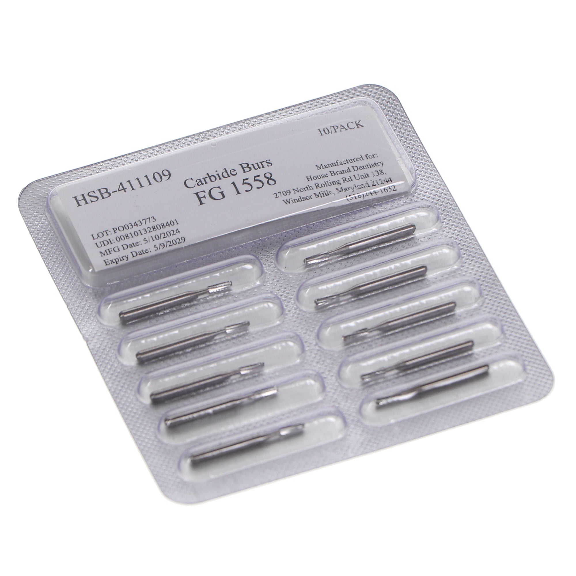 House Brand Dentistry 411109 HSB FG #1558 Straight Round End Dome Crosscut Fissure Carbide Burs 10/Pk