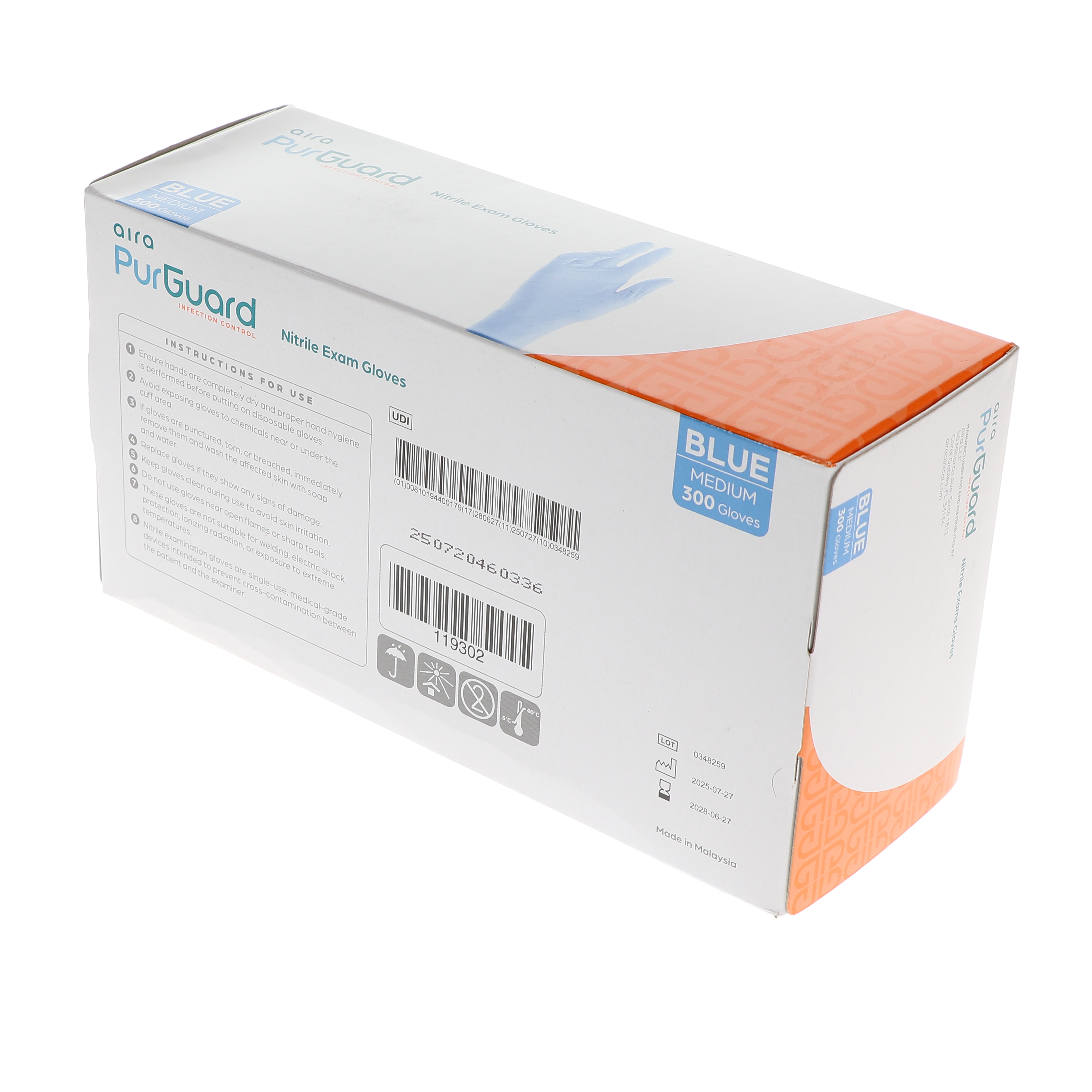 AIRA 119302 PurGuard Nitrile Exam Gloves Latex Free Powder Free Blue Medium 300/Bx