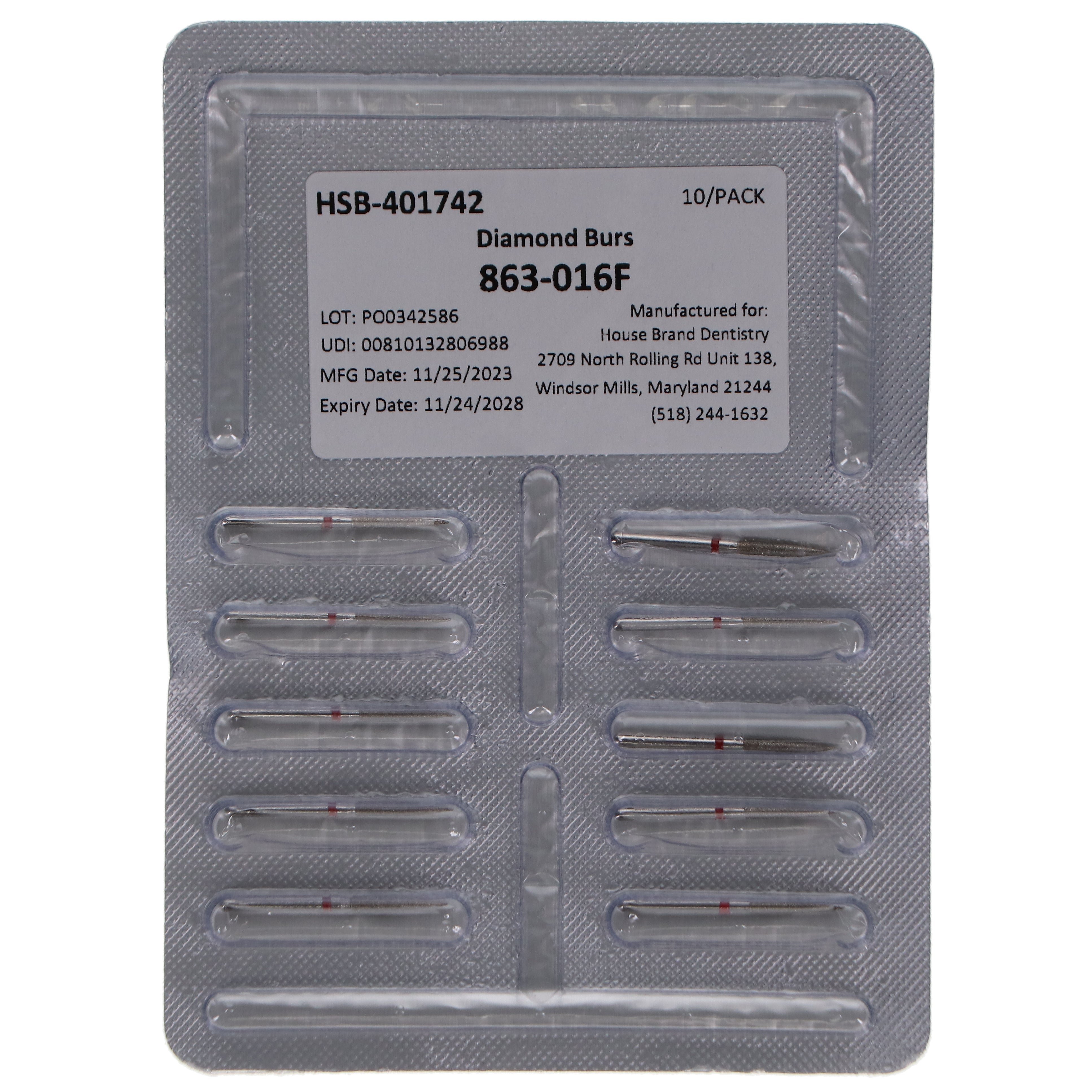 House Brand Dentistry 401742 FG 863-016F Flame Fine Grit Diamond Burs 10/Pk